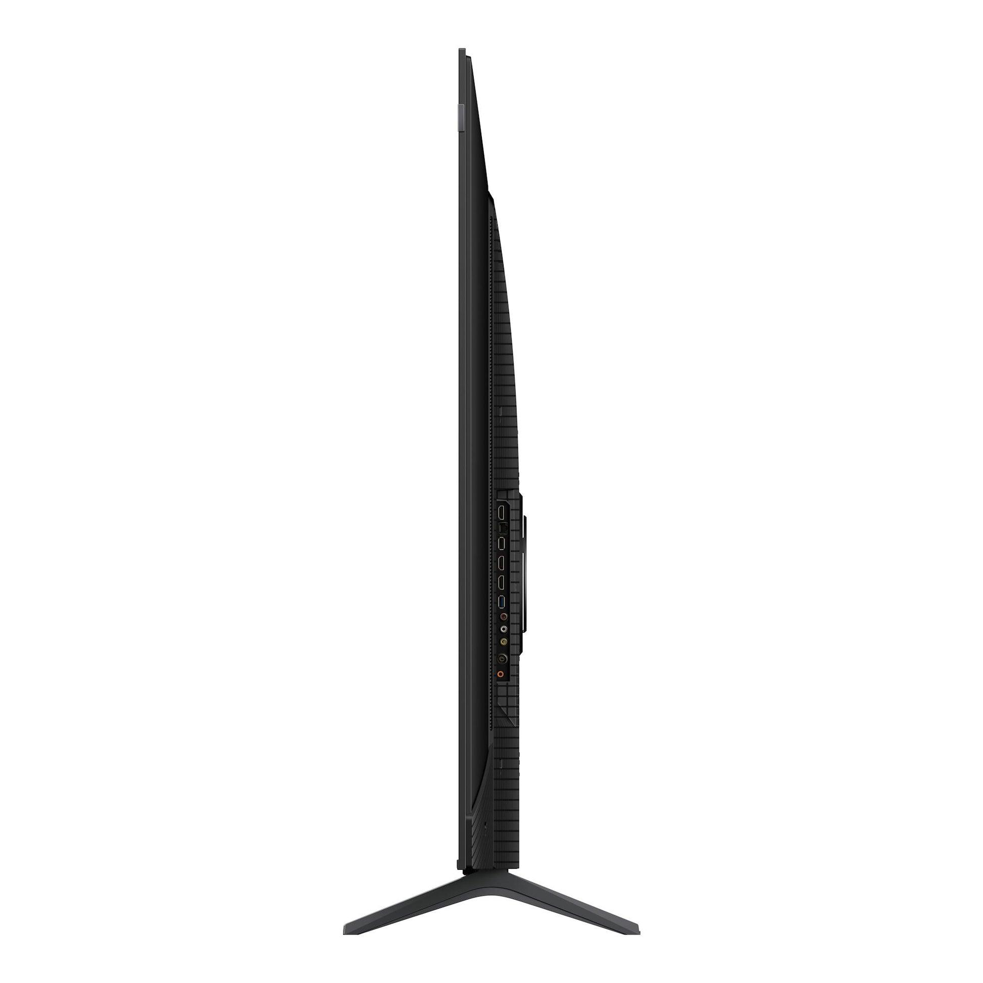 Televisor TCL 75P8L negro, vista lateral, con base en V y puertos traseros visibles.