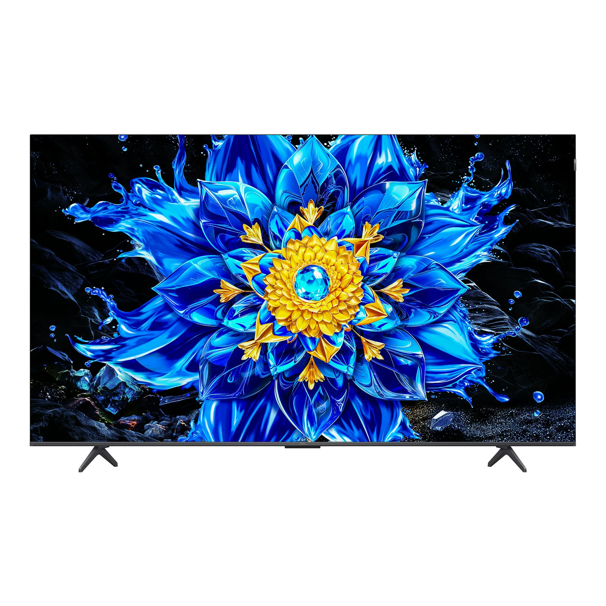 Televisor TCL 75P8L en vista frontal, con pantalla mostrando una flor abstracta azul y amarilla sobre fondo negro.
