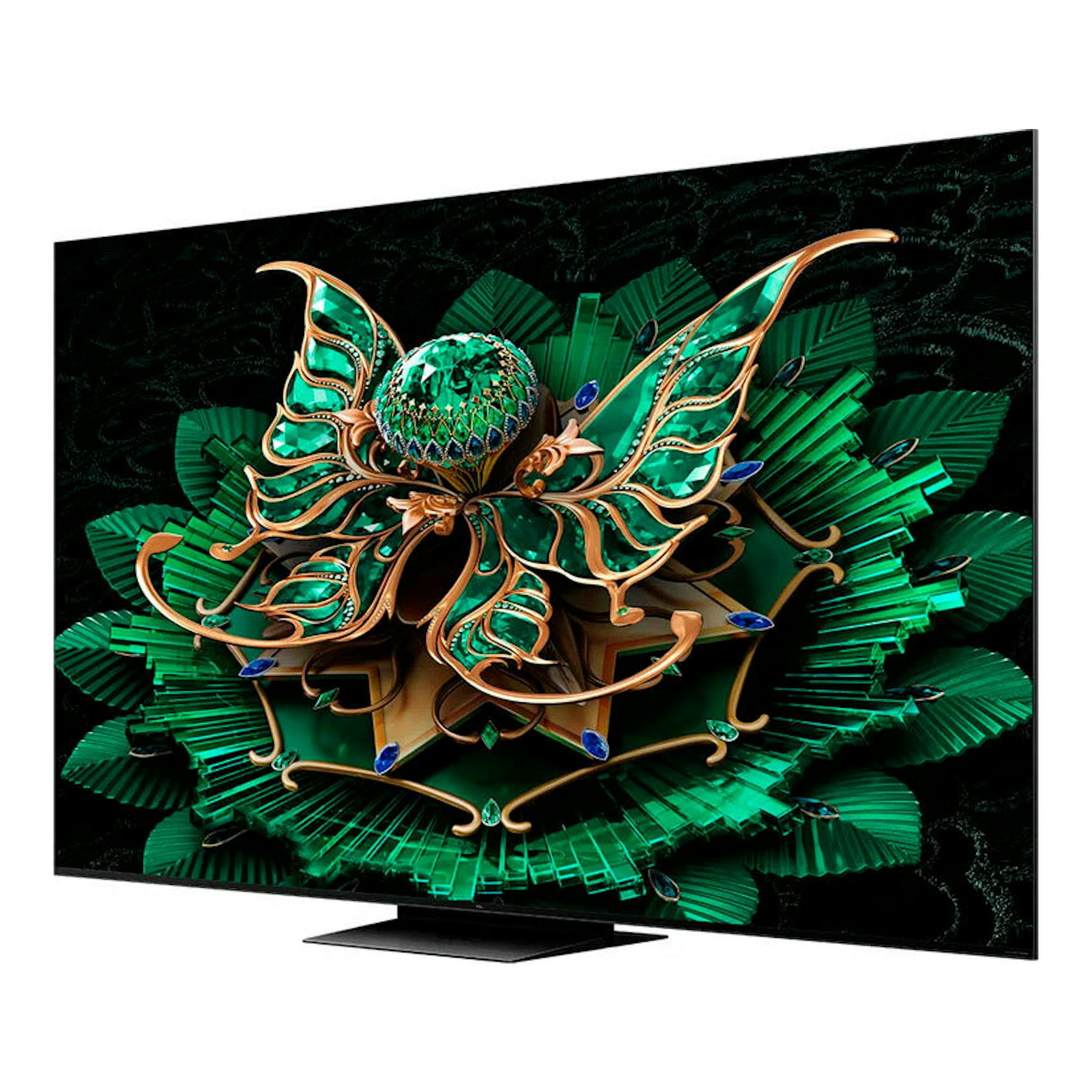 TV TCL 75C7K MiniLED 4K de 75 pulgadas, vista frontal en ángulo, marco negro, con imagen abstracta verde.
