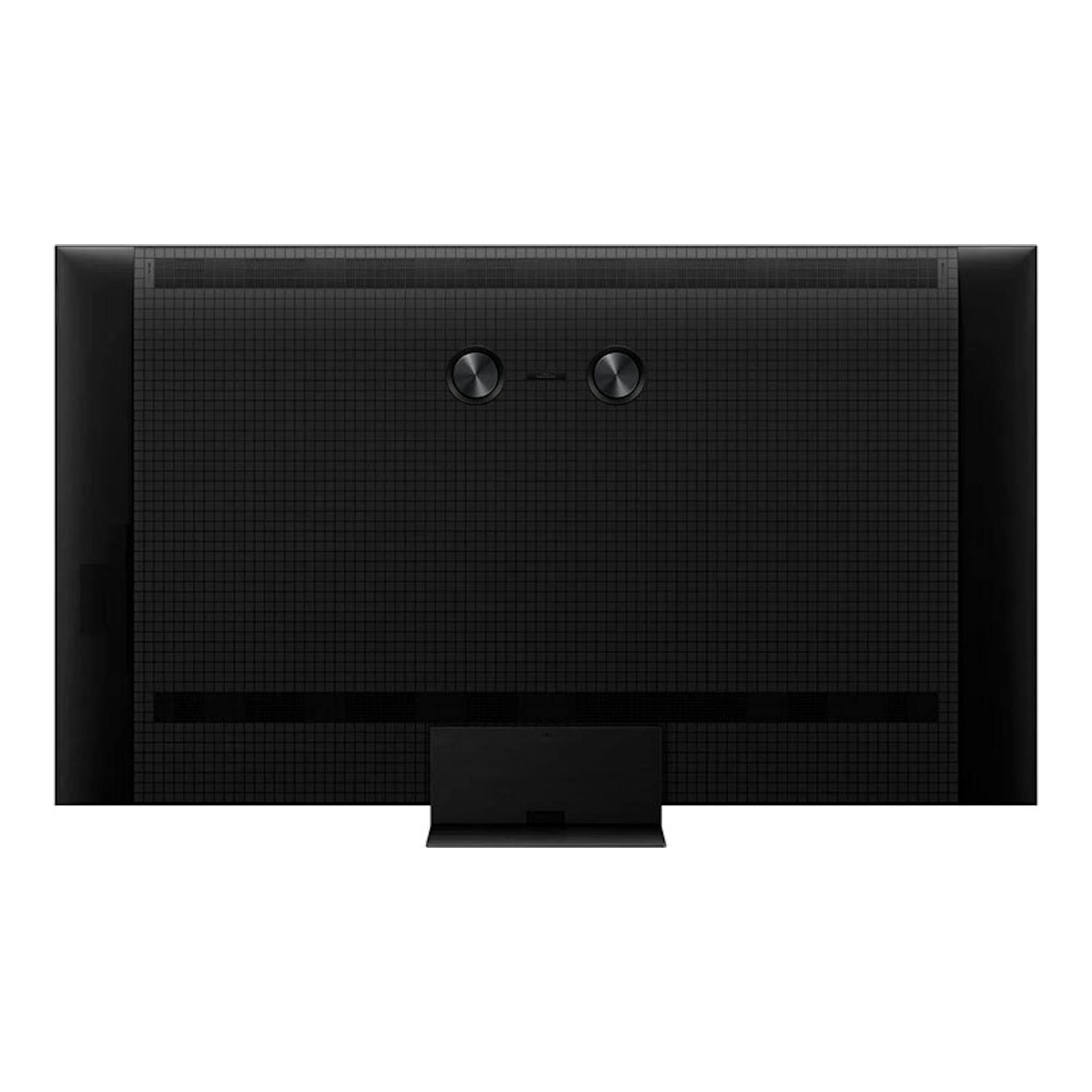TV TCL 75C7K MiniLED 4K de 75 pulgadas, vista trasera, color negro, con soporte central.