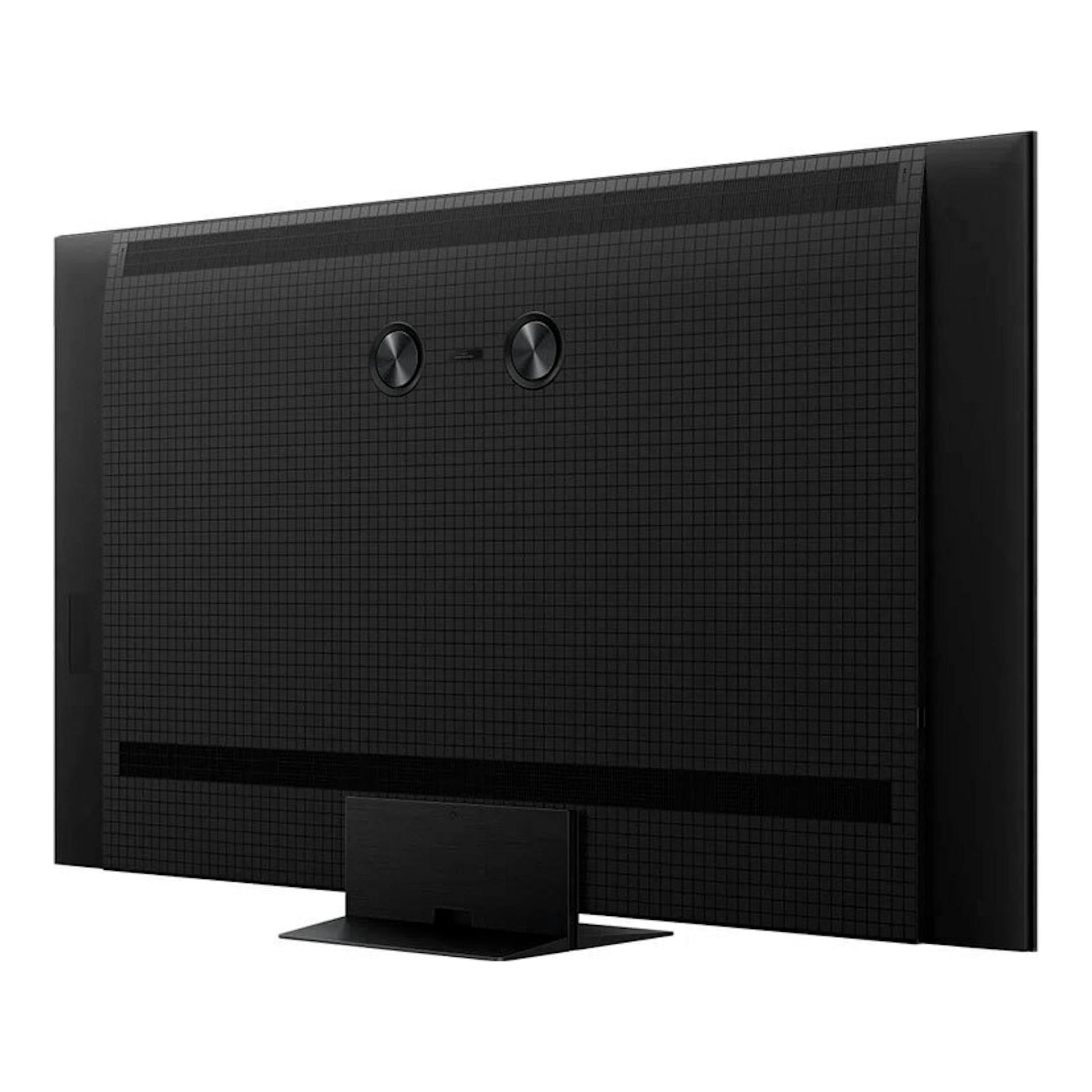TV TCL 75C7K MiniLED 4K de 75 pulgadas, vista trasera en color negro con soporte central.