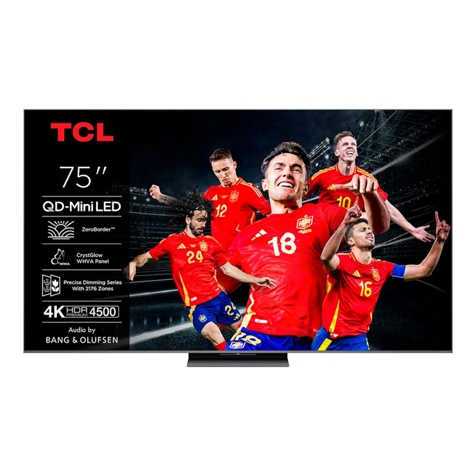 Televisor TCL 75C8K de 75 pulgadas, vista frontal, con futbolistas en pantalla y base central.