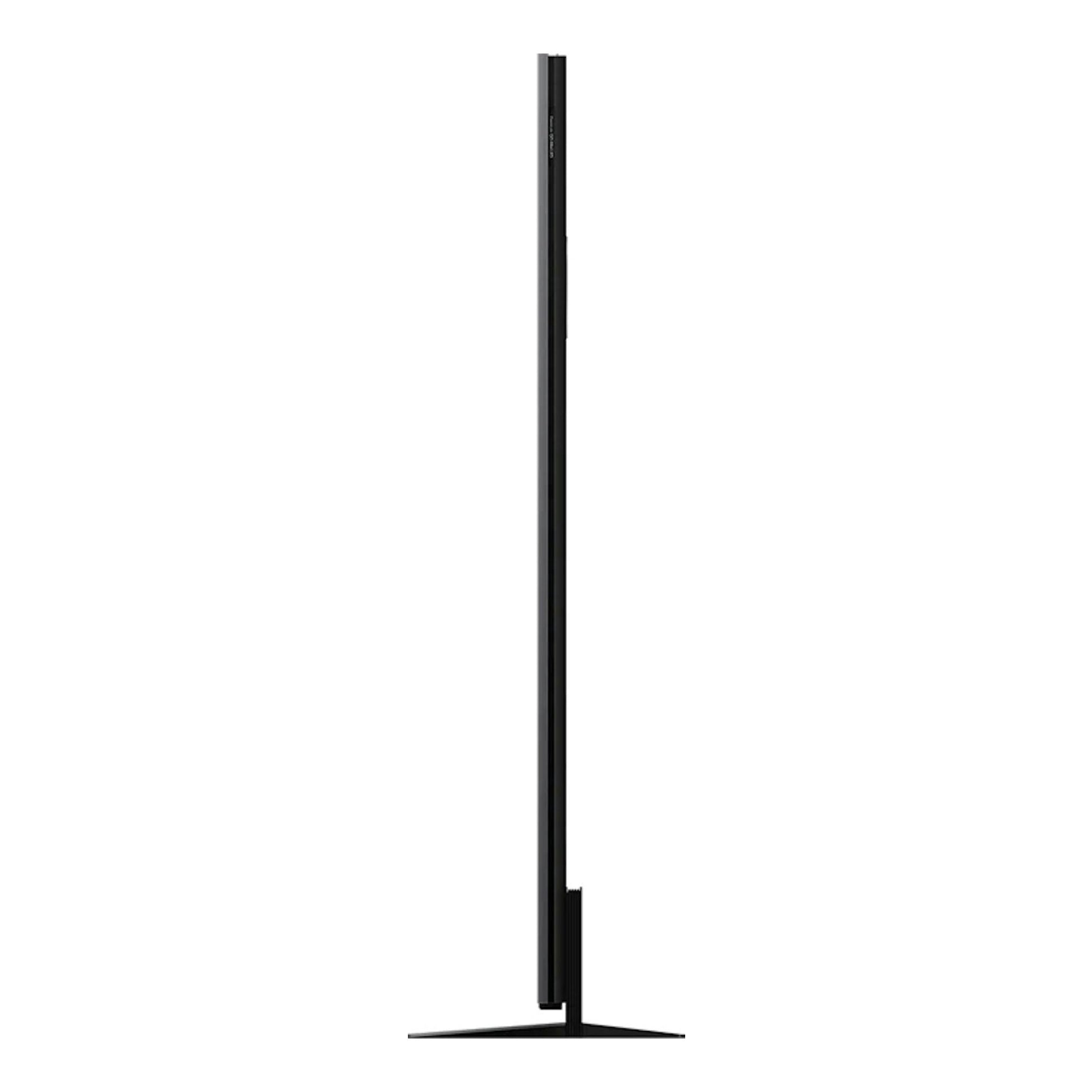 TV TCL 75C8K MiniLED 4K, vista lateral, negra, sobre base fina.