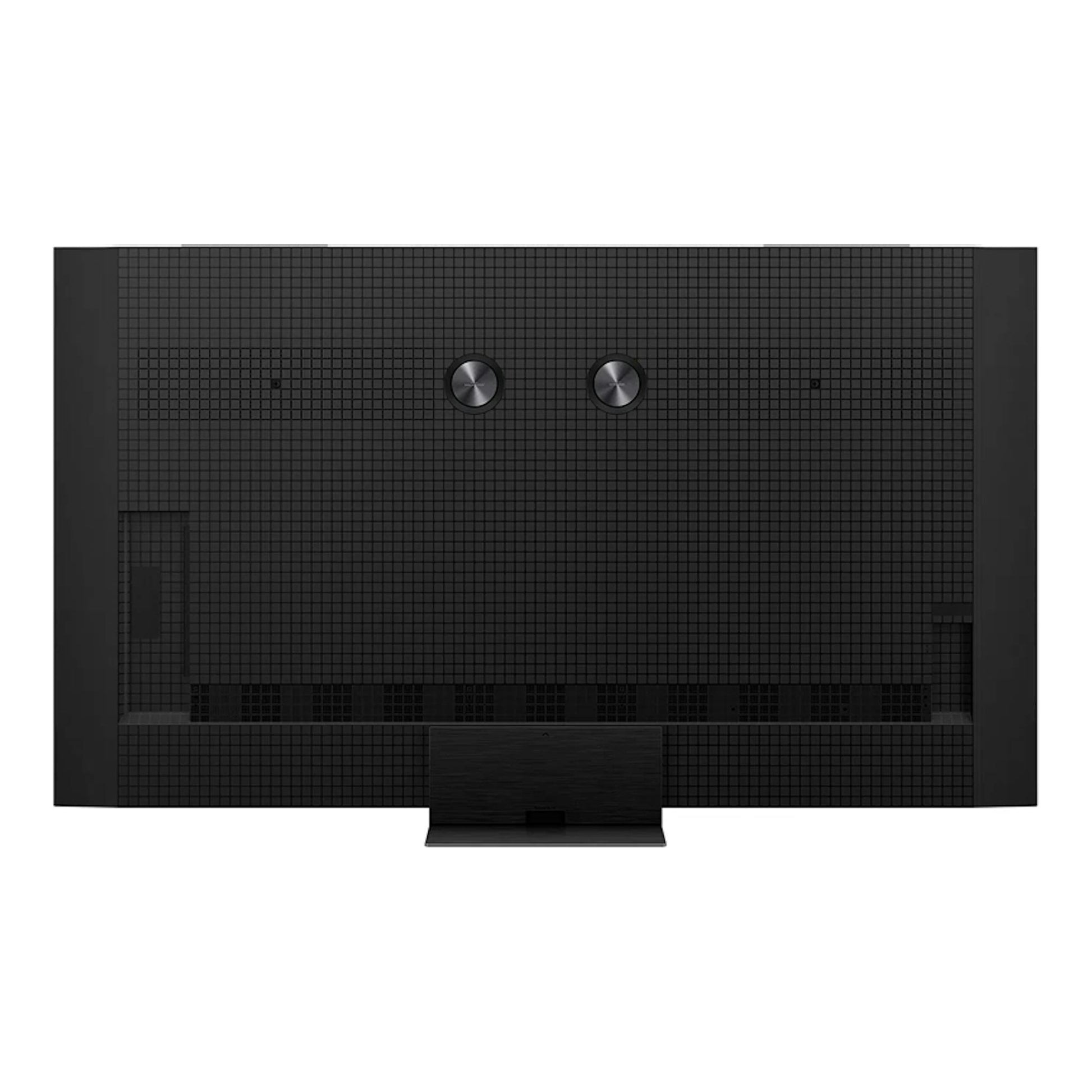 TV TCL 75C8K de 75", vista trasera, negra, con panel texturizado y soporte central.
