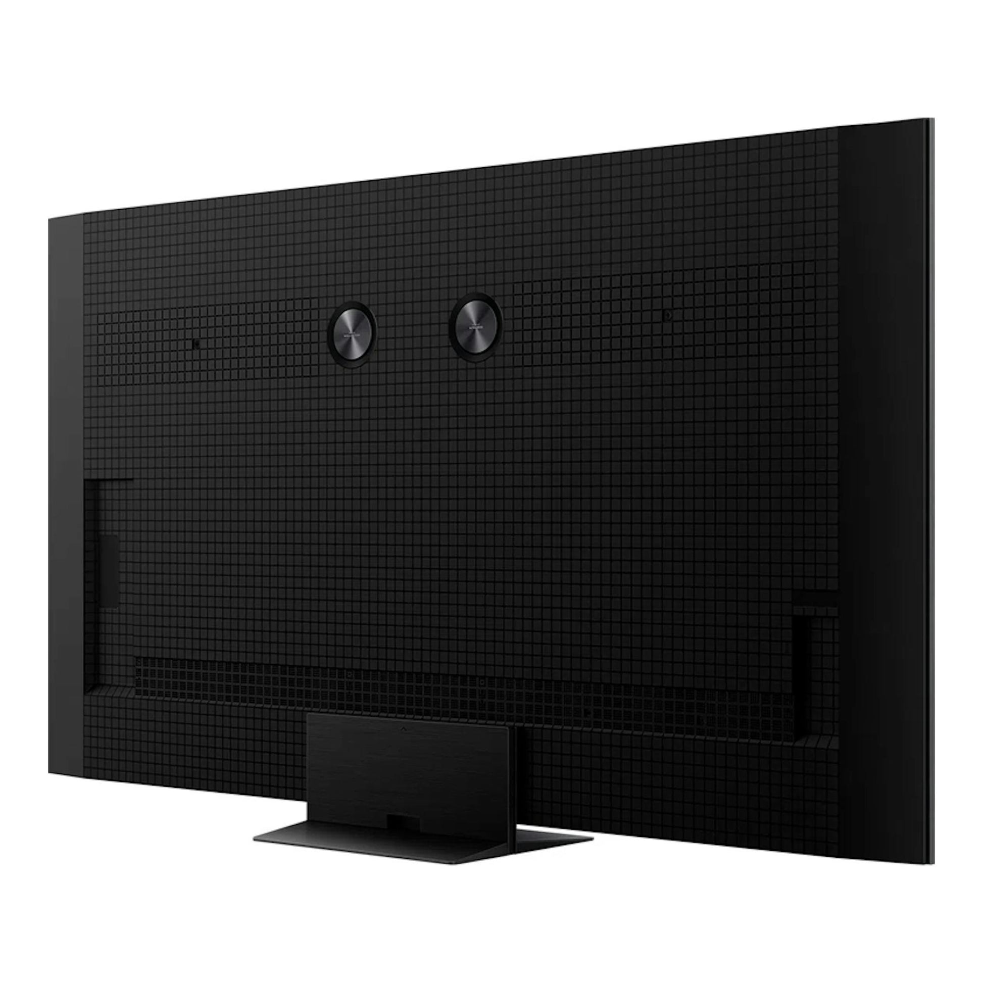 Televisor TCL 75C8K negro, vista posterior en ángulo, con soporte central y panel trasero texturizado.