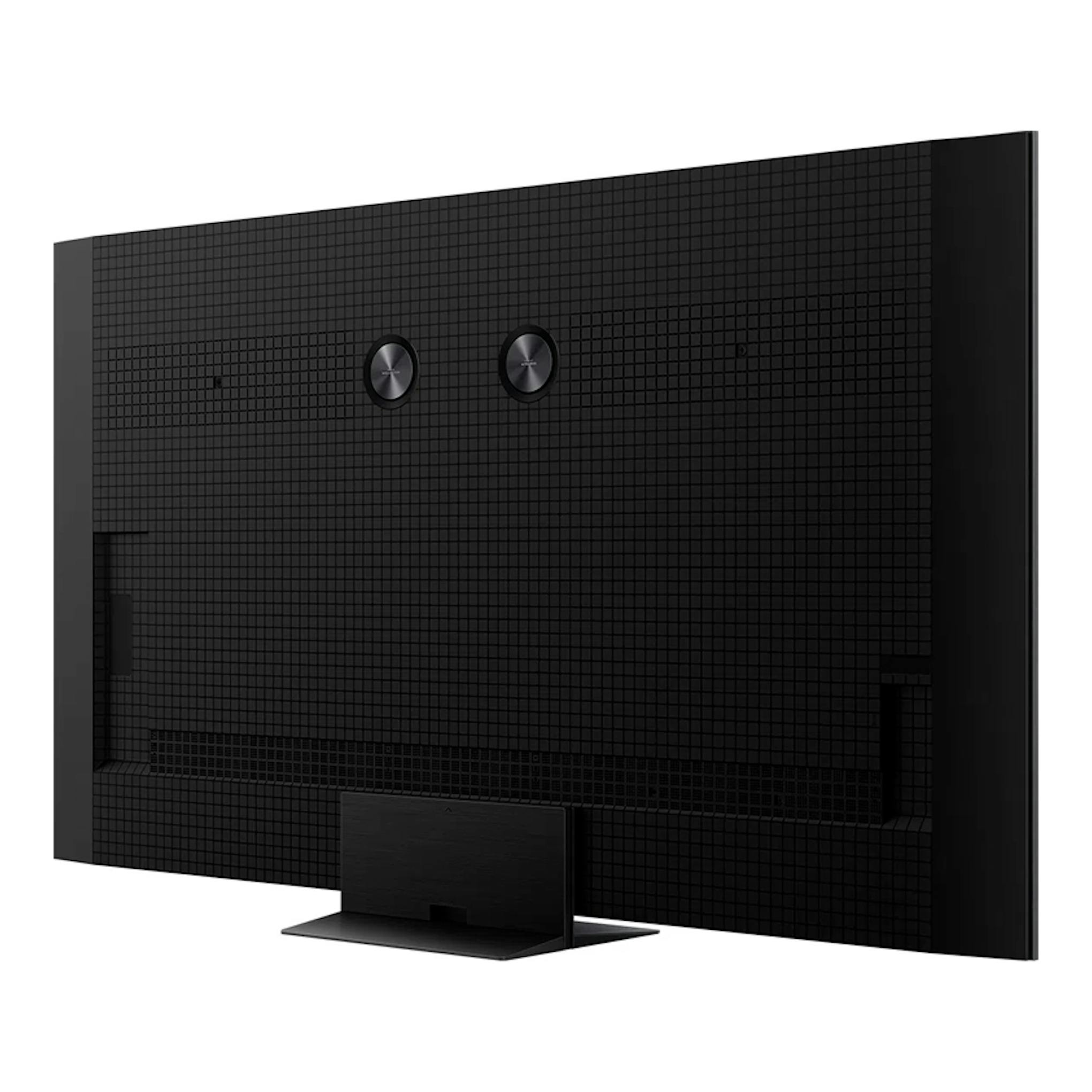 Televisor TCL 75C8K negro, vista posterior en ángulo, con soporte central y panel trasero texturizado.