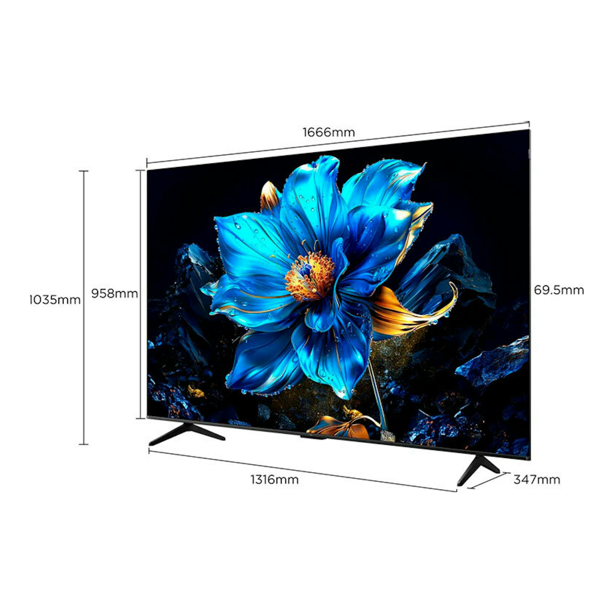 TV TCL 75P7K QLED 4K de 75", vista frontal en ángulo, con patas negras y flor azul en pantalla.