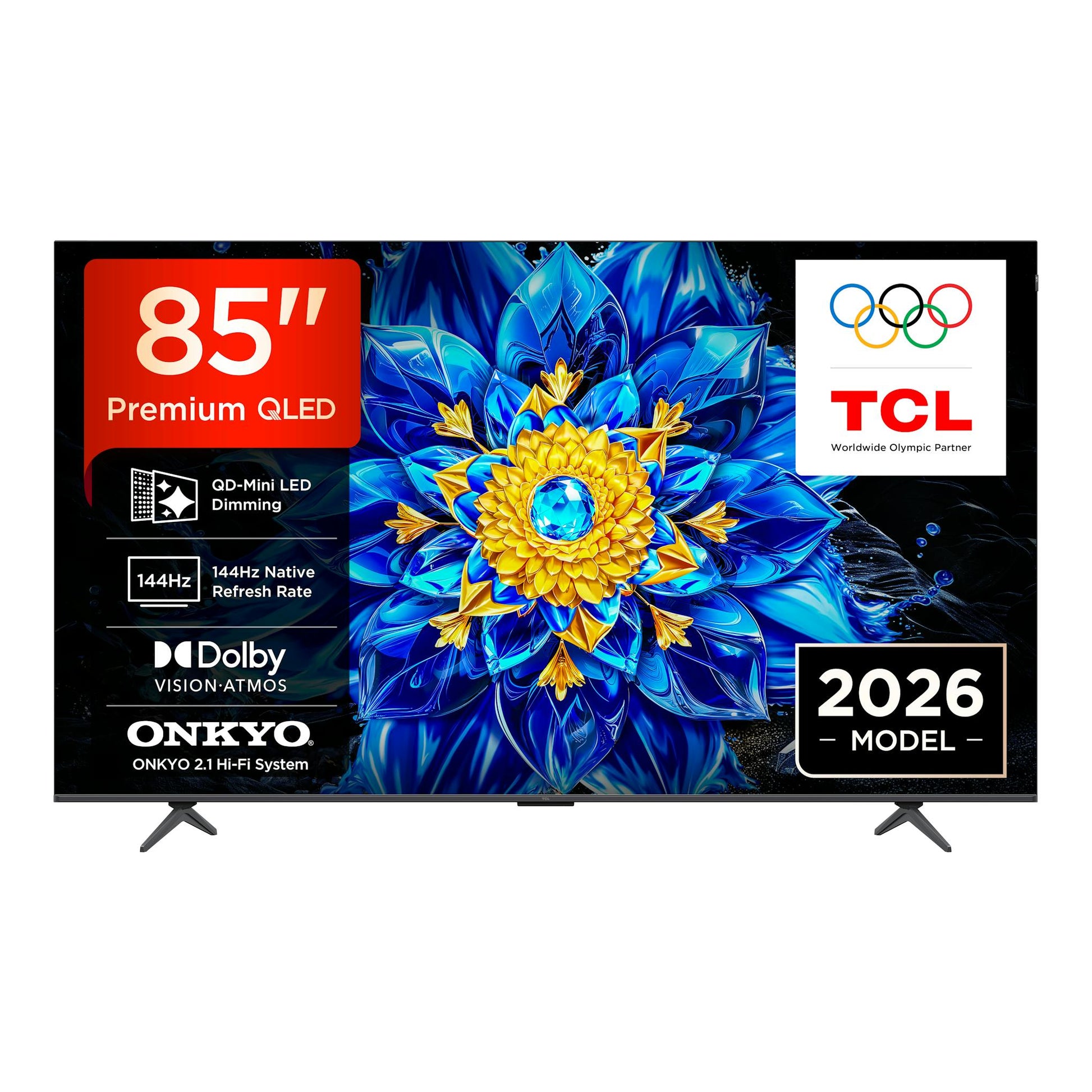Televisor TCL 85P8L de 85", vista frontal, pantalla negra con imagen azul y dorada, sobre dos patas.