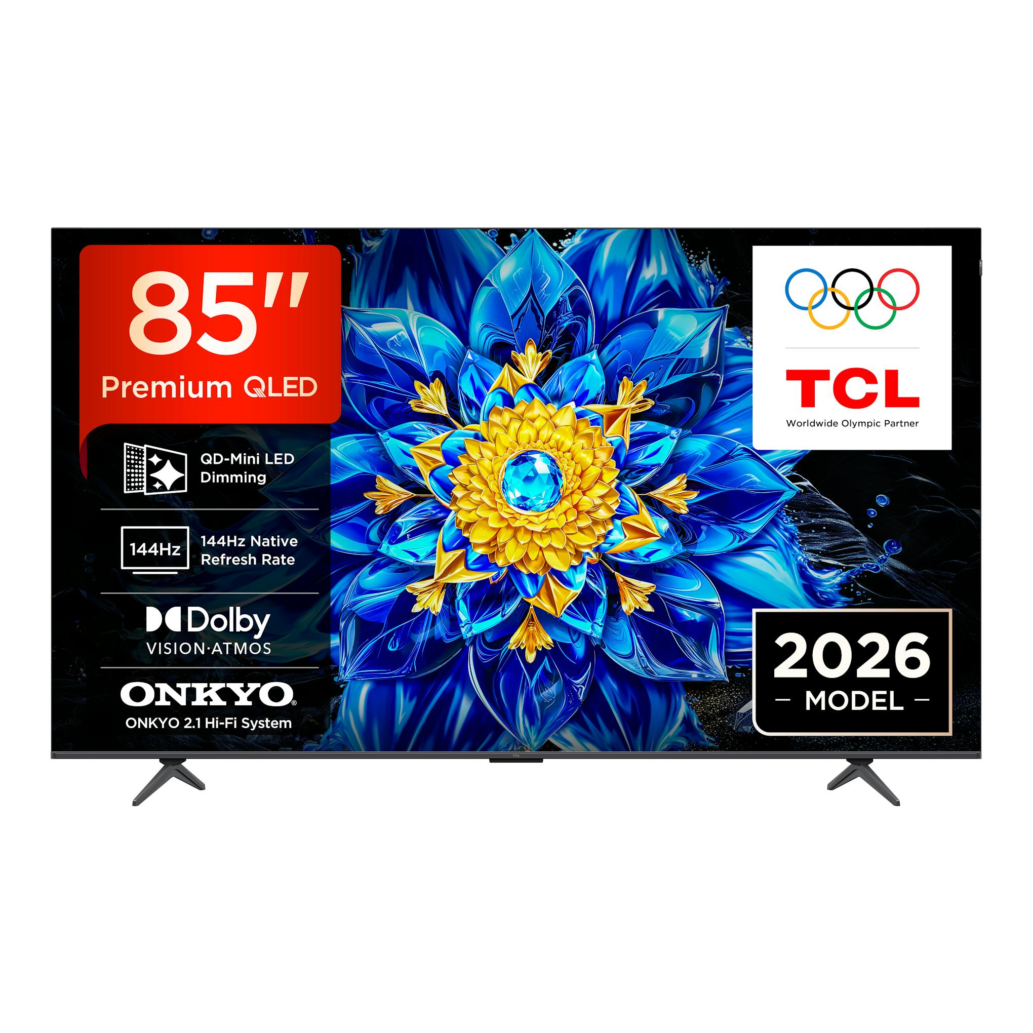 Televisor TCL 85P8L de 85", vista frontal, pantalla negra con imagen azul y dorada, sobre dos patas.