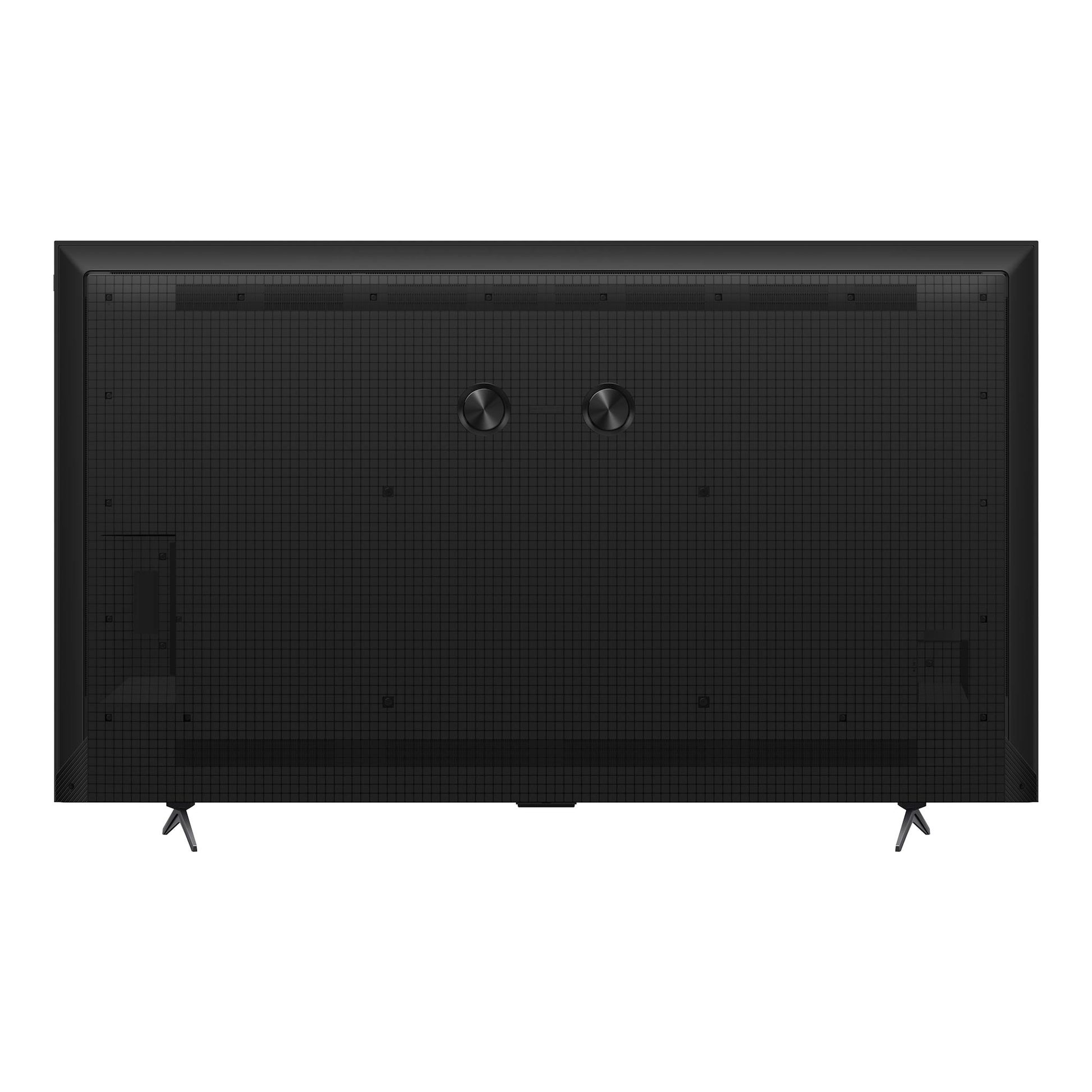 Vista trasera de televisor TCL 85P8L negro, con dos patas y panel posterior texturizado.