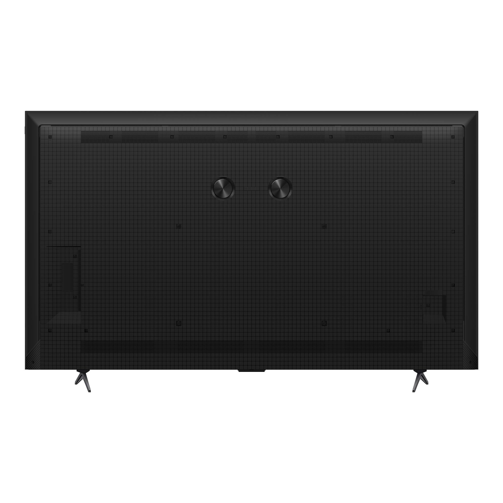 Vista trasera de televisor TCL 85P8L negro, con dos patas y panel posterior texturizado.