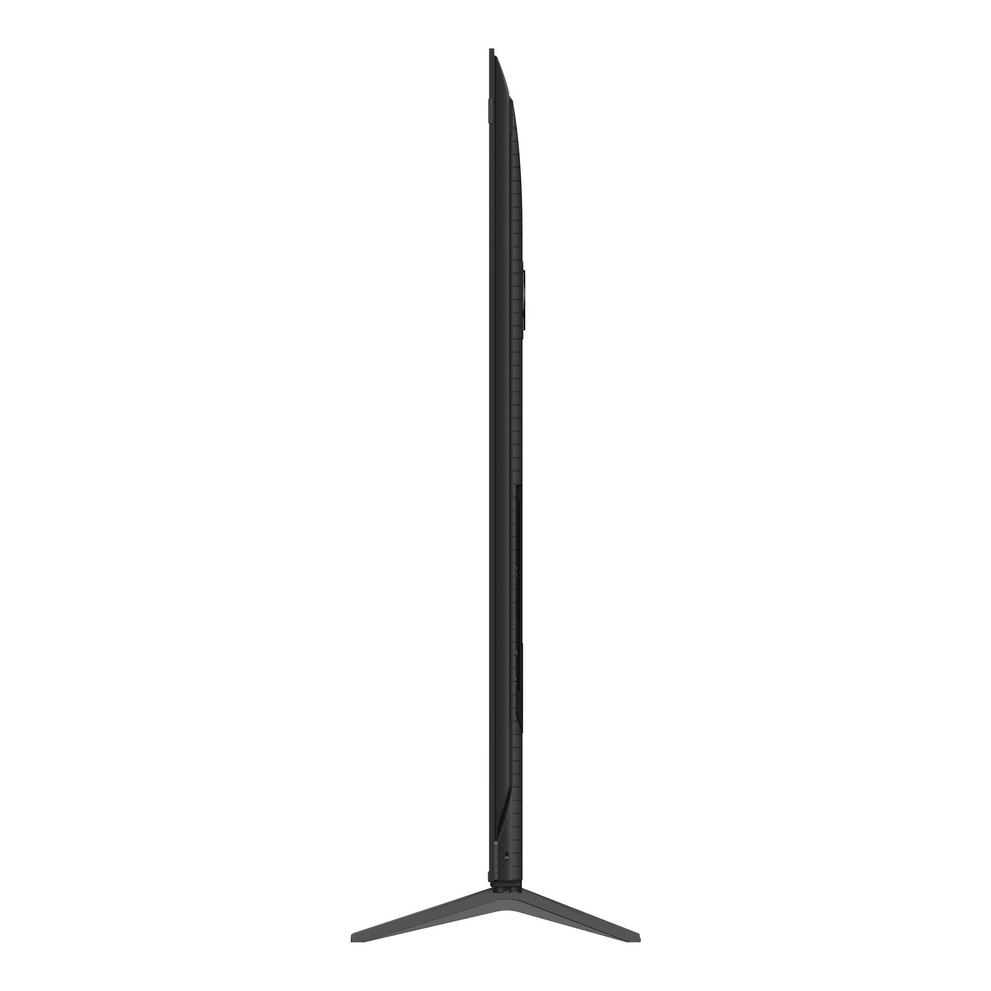 Televisor TCL 85P8L negro, vista lateral, sobre base en V.