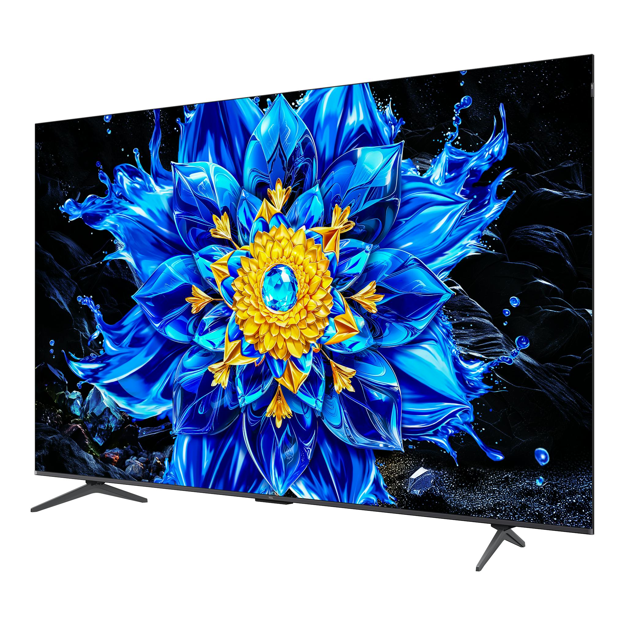 Televisor TCL 85P8L en vista frontal inclinada, con base negra y pantalla mostrando una flor abstracta azul y dorada.