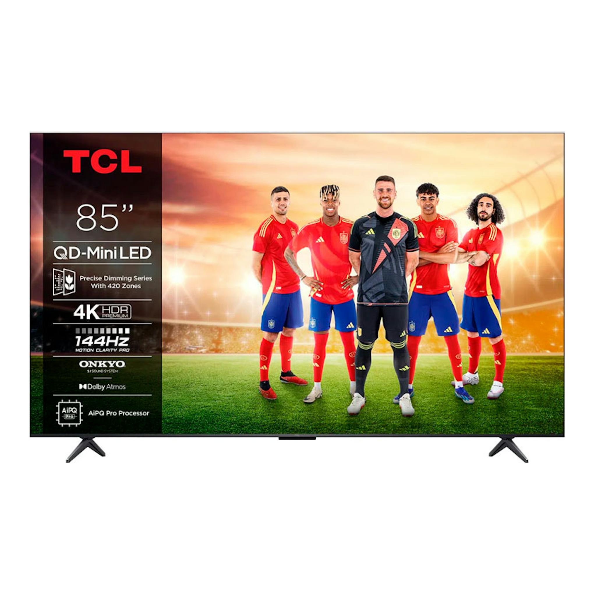 TV TCL 85C6K MiniLED 4K de 85 pulgadas, vista frontal, con pantalla de fútbol y base de patas.