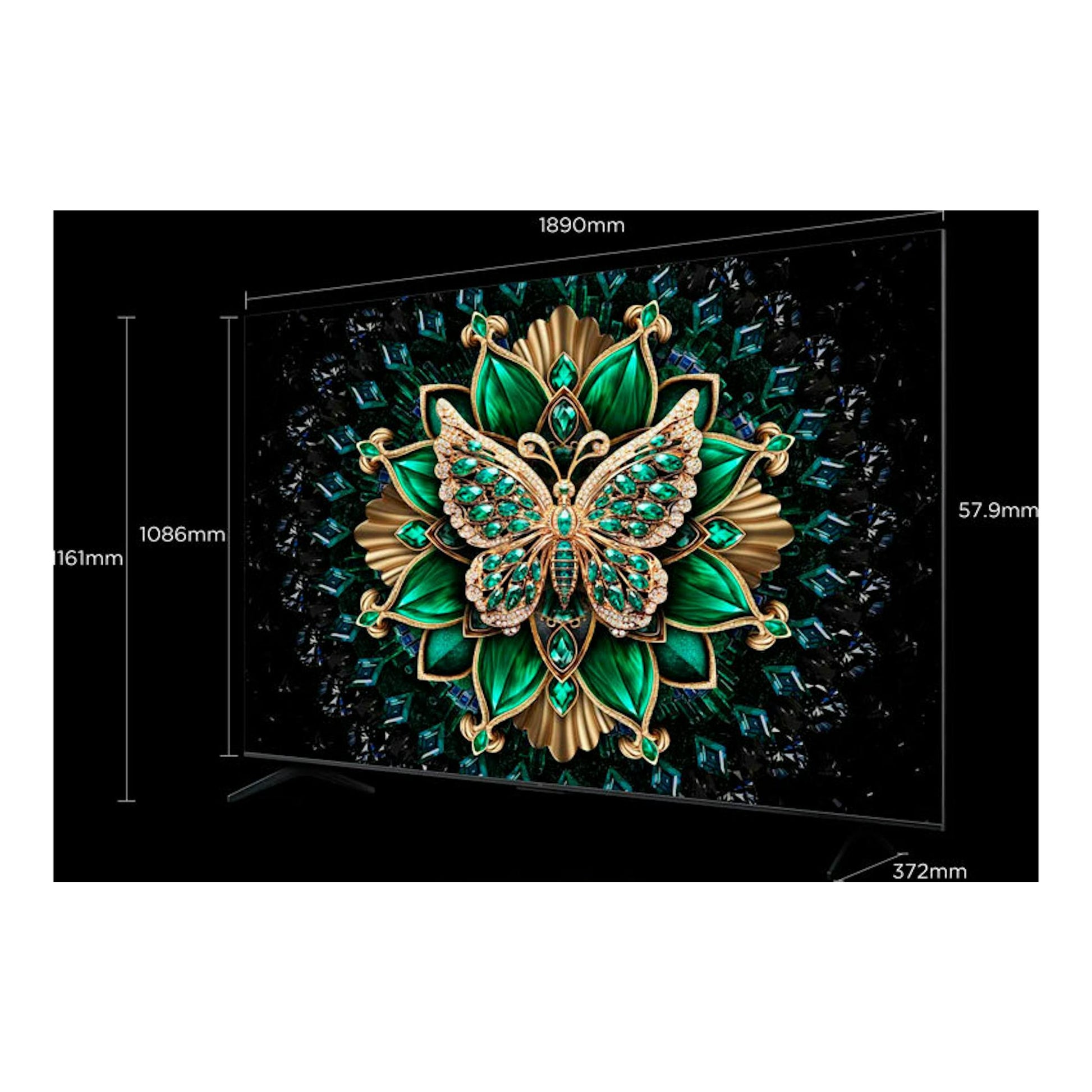 TV TCL 85C6K MiniLED 4K de 85", vista en ángulo lateral, pantalla negra con mariposa verde/dorada y medidas.