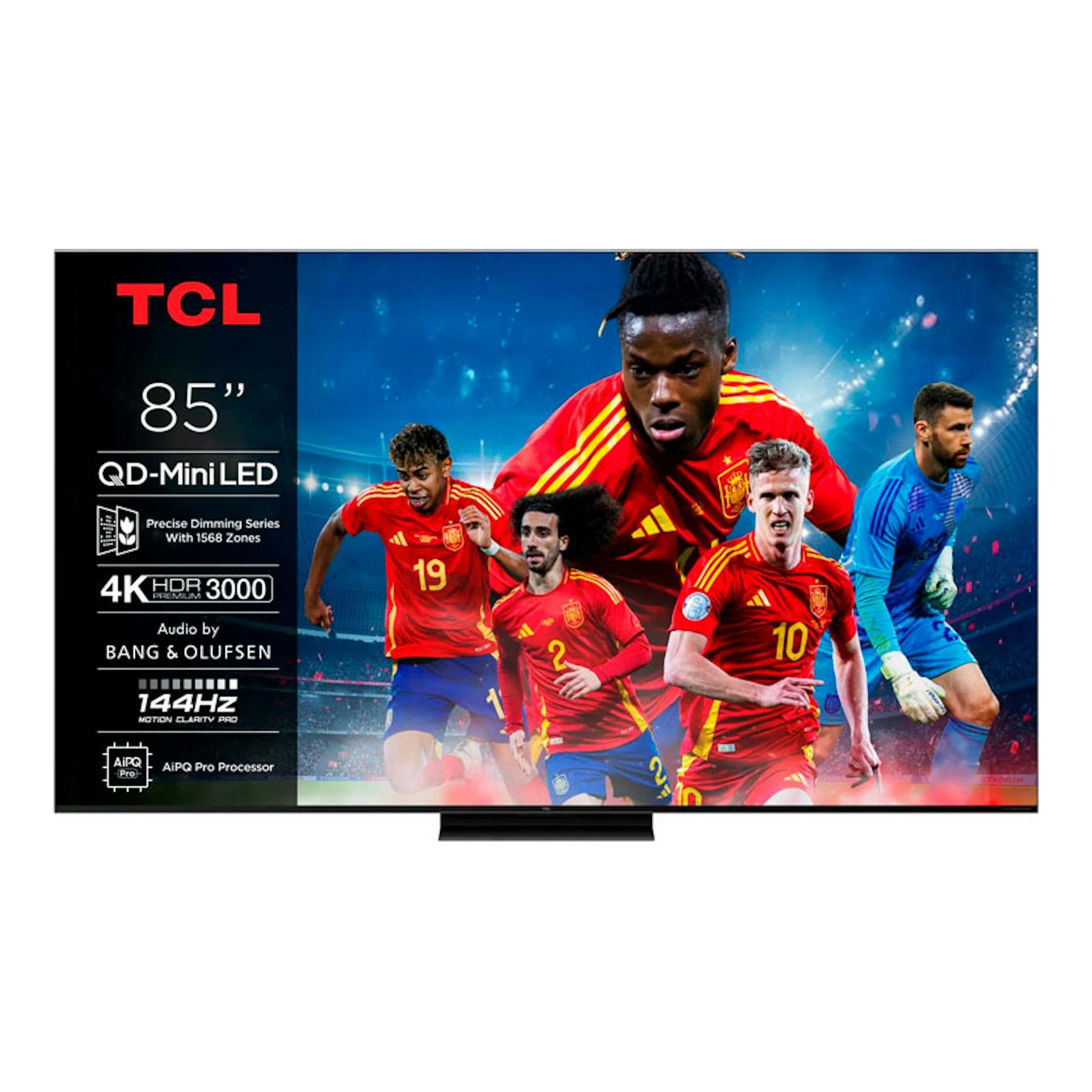 TCL 85” QD-Mini LED, vista frontal, con imagen promocional de futbolistas y texto técnico.