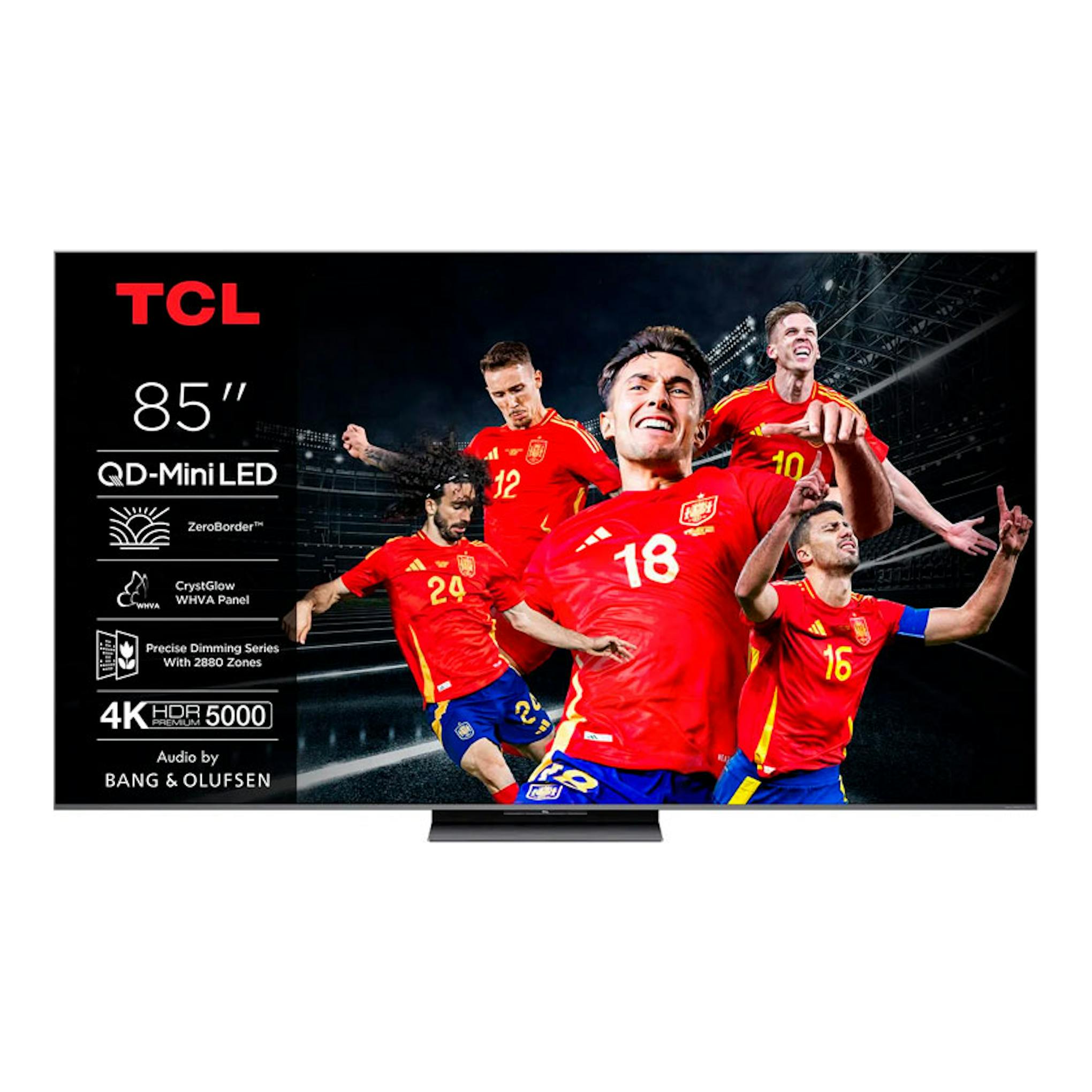 Televisor TCL 85C8K negro, vista frontal, con anuncio de fútbol y texto QD-Mini LED 4K.