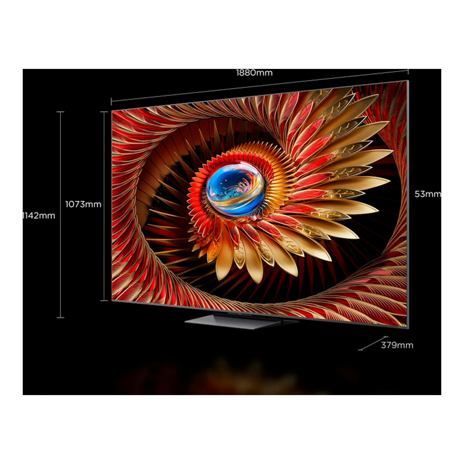Televisor TCL 85C8K MiniLED 4K de 85", vista frontal en negro, con pantalla encendida y medidas marcadas.