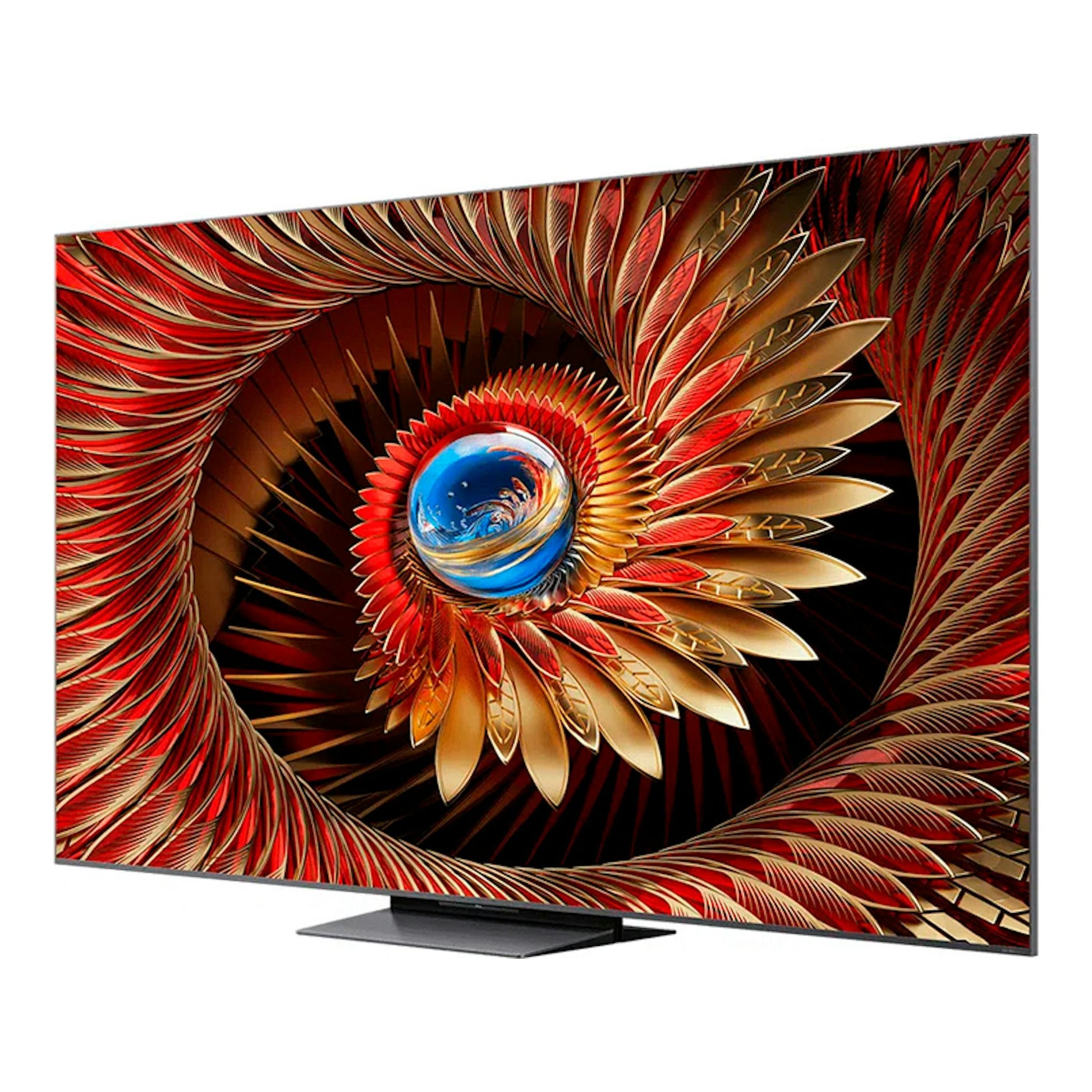 Televisor TCL 85C8K MiniLED 4K de 85", vista frontal inclinada, pantalla con gráfico abstracto rojo y dorado.