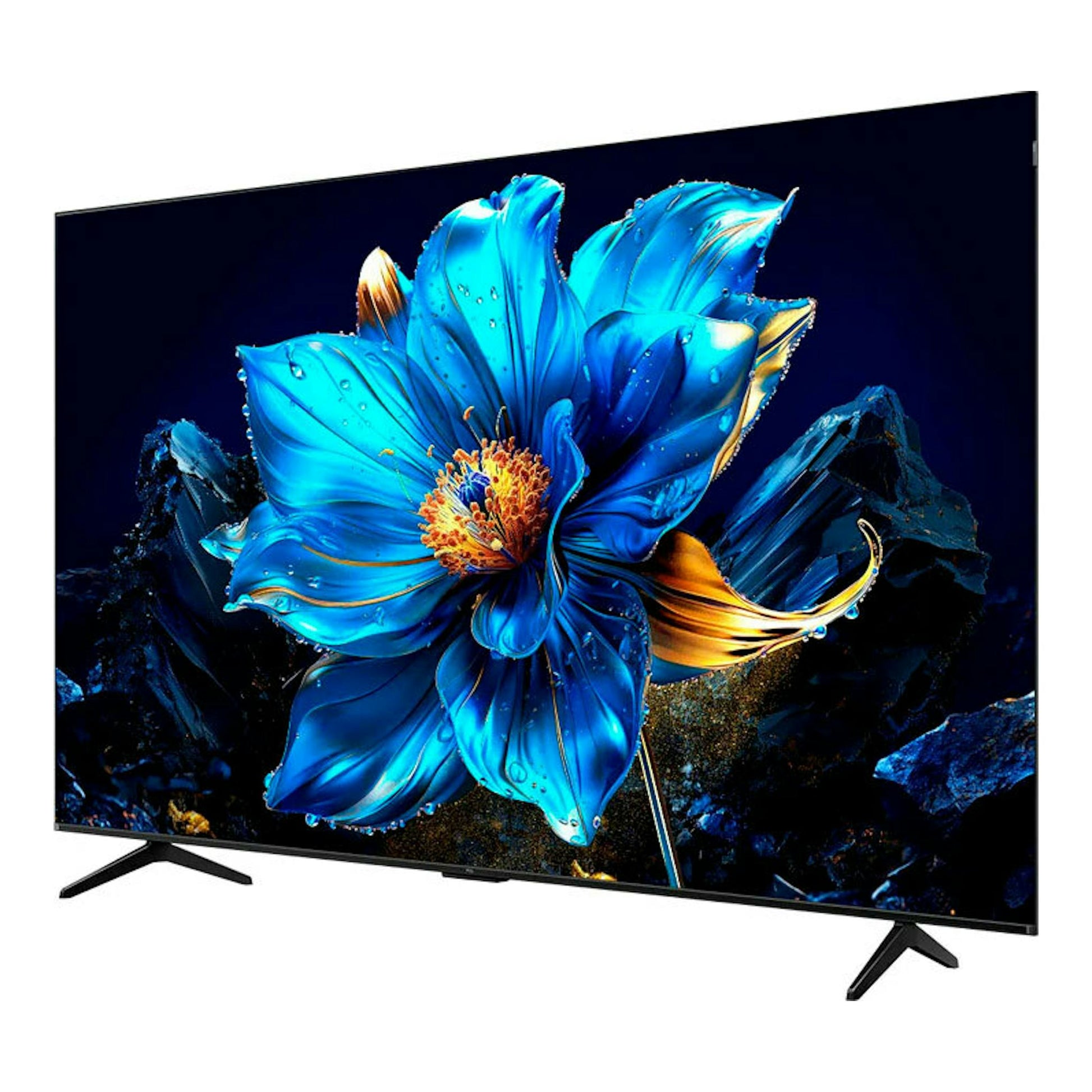 Televisor TCL 85P7K QLED 4K de 85 pulgadas, vista frontal en ángulo, pantalla con flor azul y patas negras.
