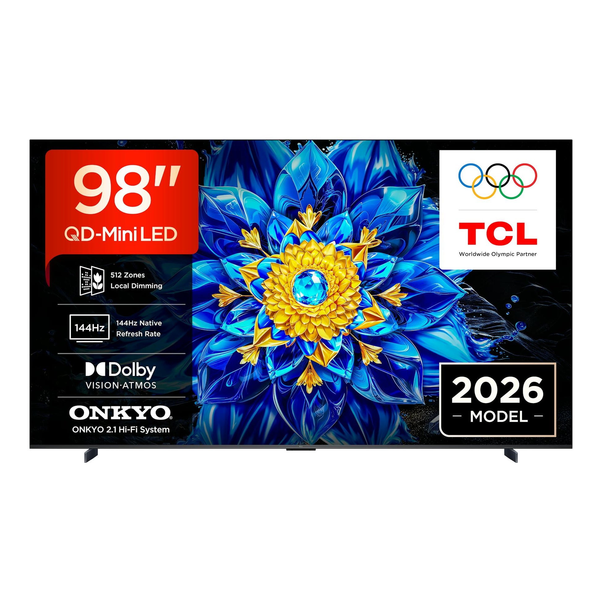 TV TCL 98P8L, vista frontal, pantalla 98", QD-MiniLED, fondo con flor azul y dorada.