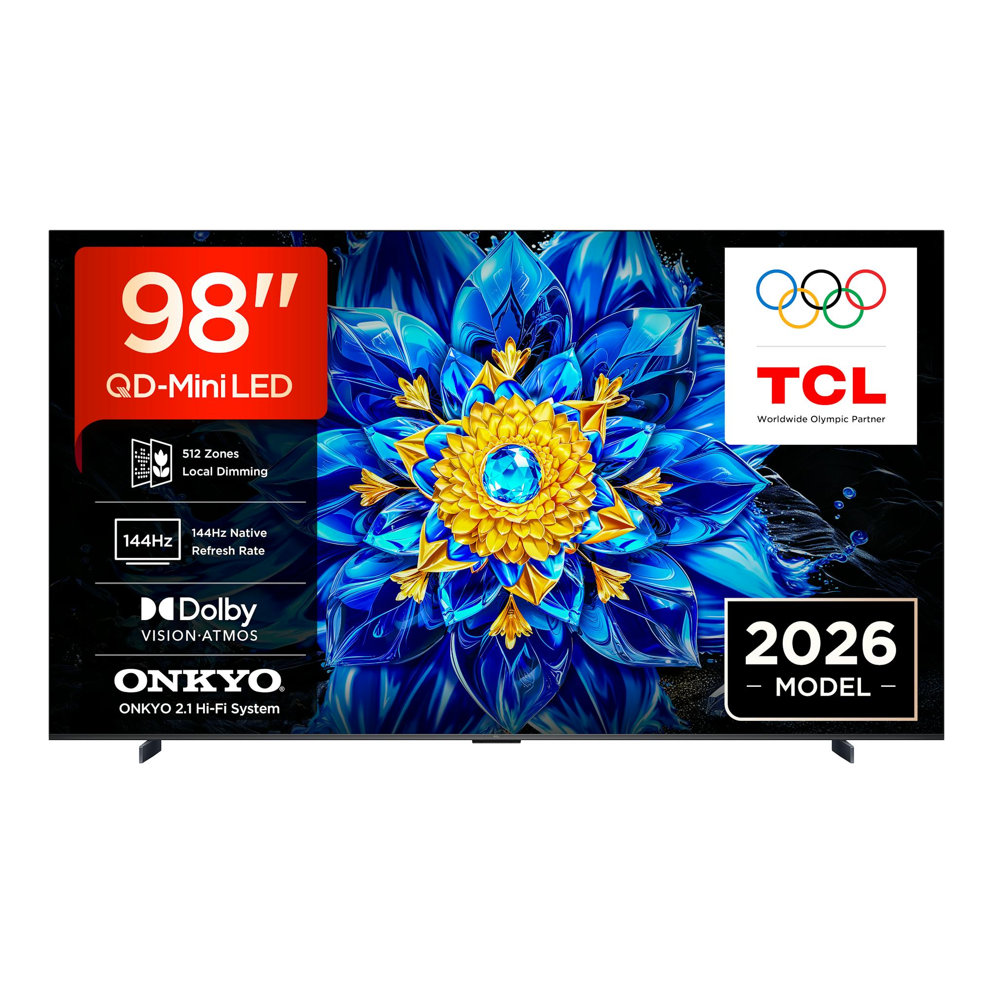 TV TCL 98P8L, vista frontal, pantalla 98", QD-MiniLED, fondo con flor azul y dorada.