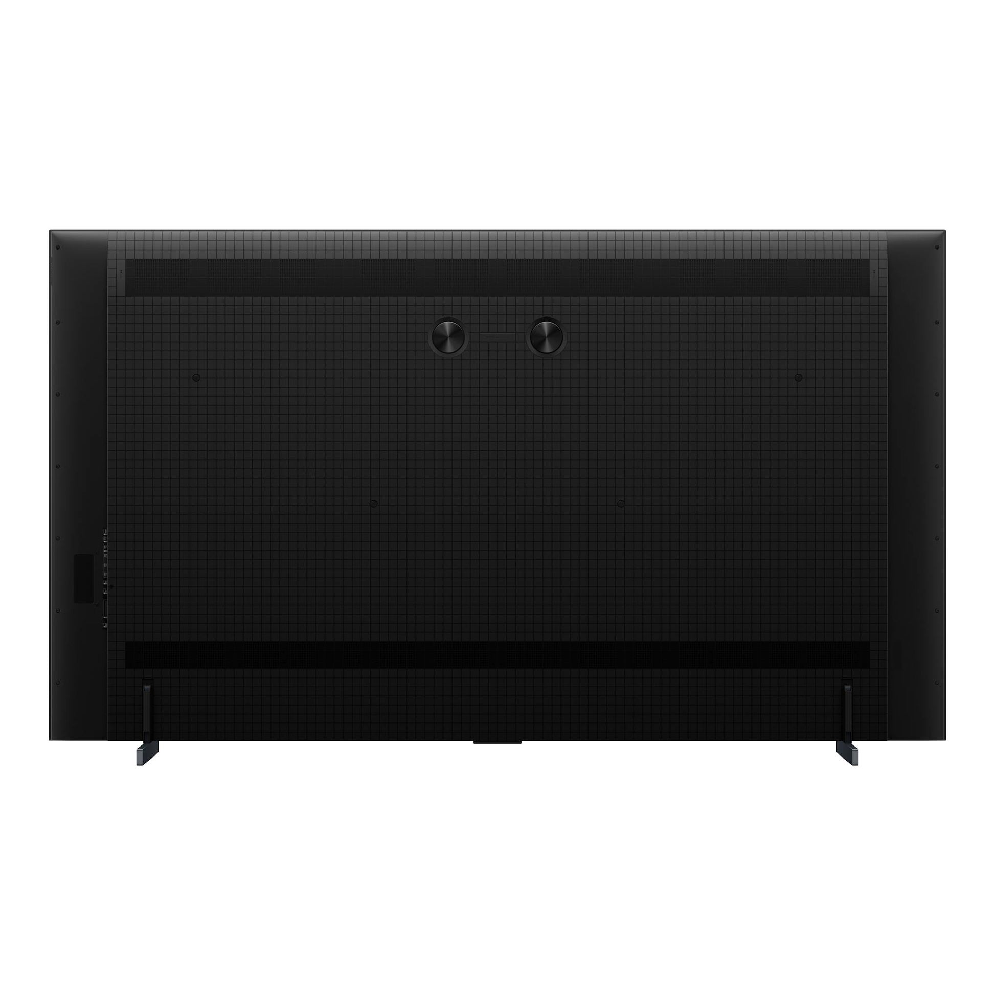 Parte trasera de un TV TCL 98P8L negro, vista posterior, con patas y panel texturizado.