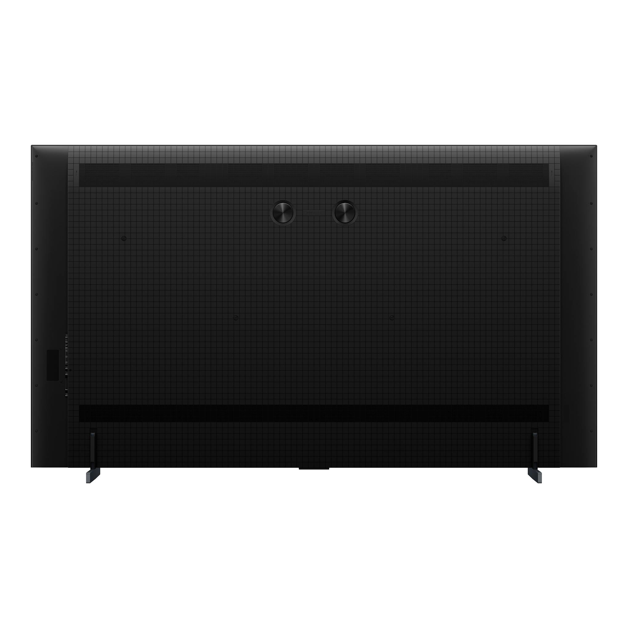 Parte trasera de un TV TCL 98P8L negro, vista posterior, con patas y panel texturizado.