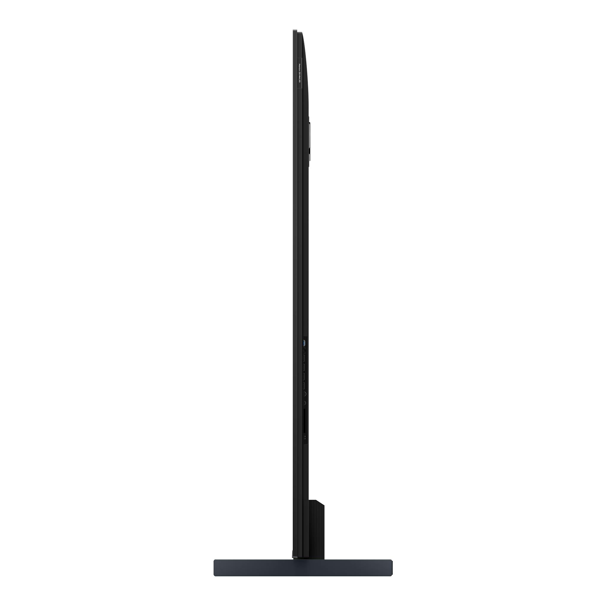 TV TCL 98P8L negra, vista lateral, perfil delgado sobre base rectangular.
