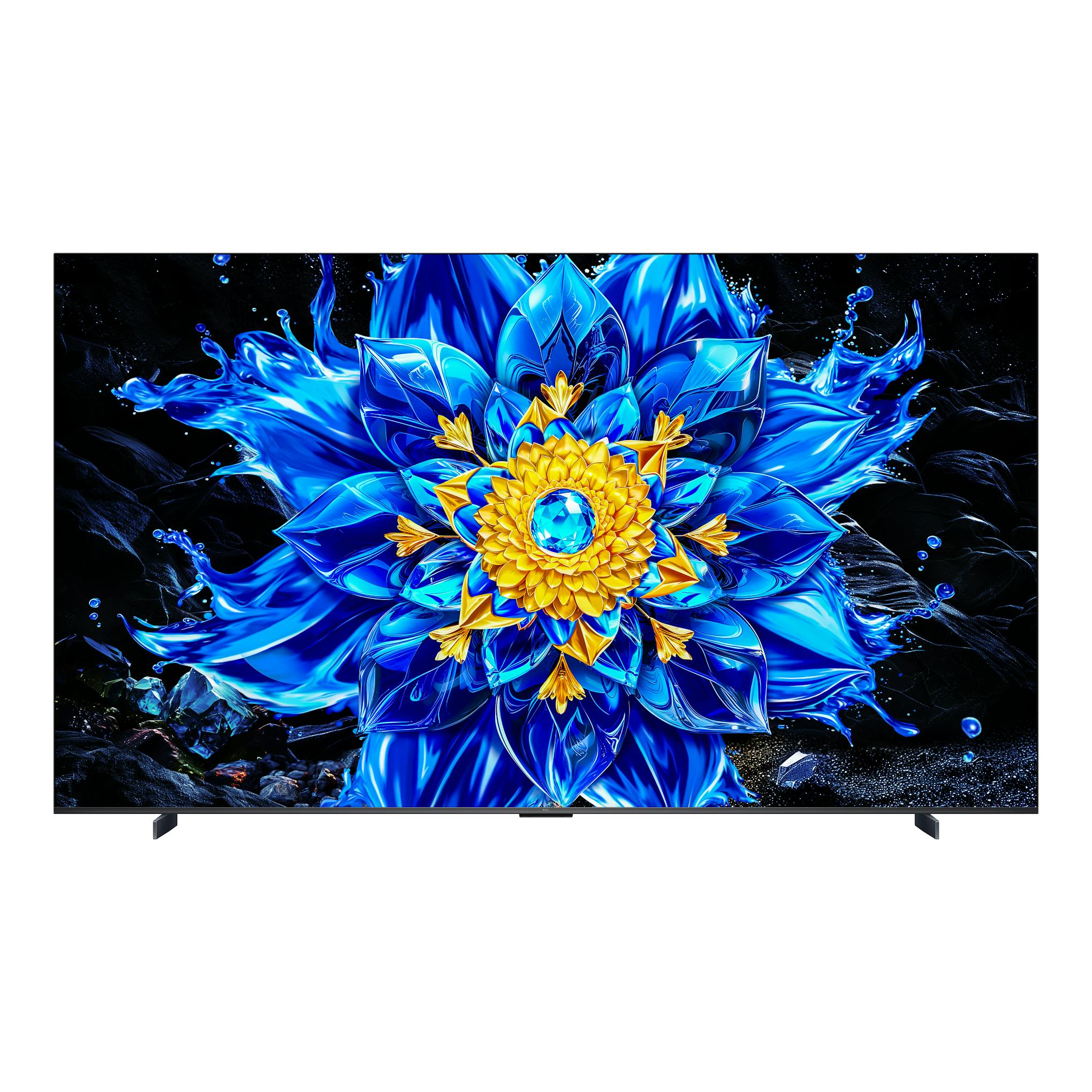 TV TCL 98P8L, vista frontal, pantalla con flor abstracta azul y amarilla sobre fondo blanco.