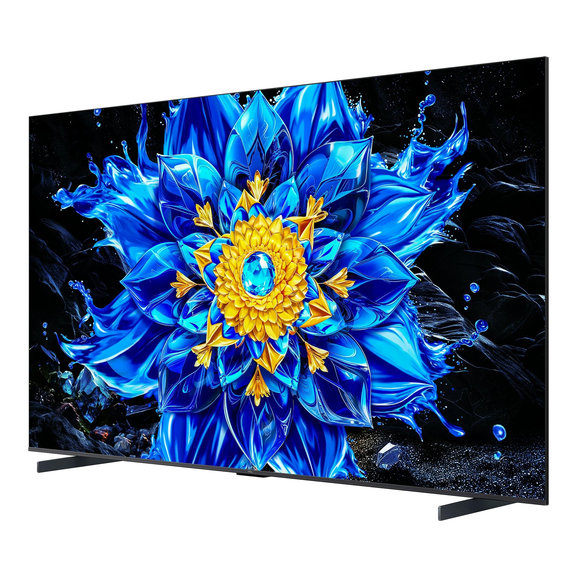 TV TCL 98P8L, vista frontal inclinada, pantalla con diseño abstracto azul y dorado, sobre soporte negro.