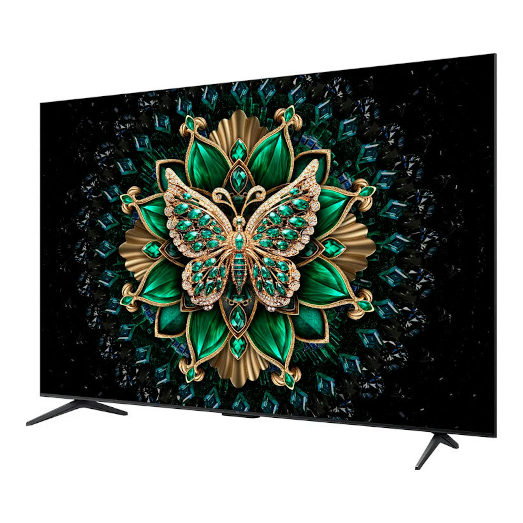 Televisor TCL 98C6K MiniLED 4K de 98", vista frontal inclinada, marco negro, con imagen de mariposa verde.