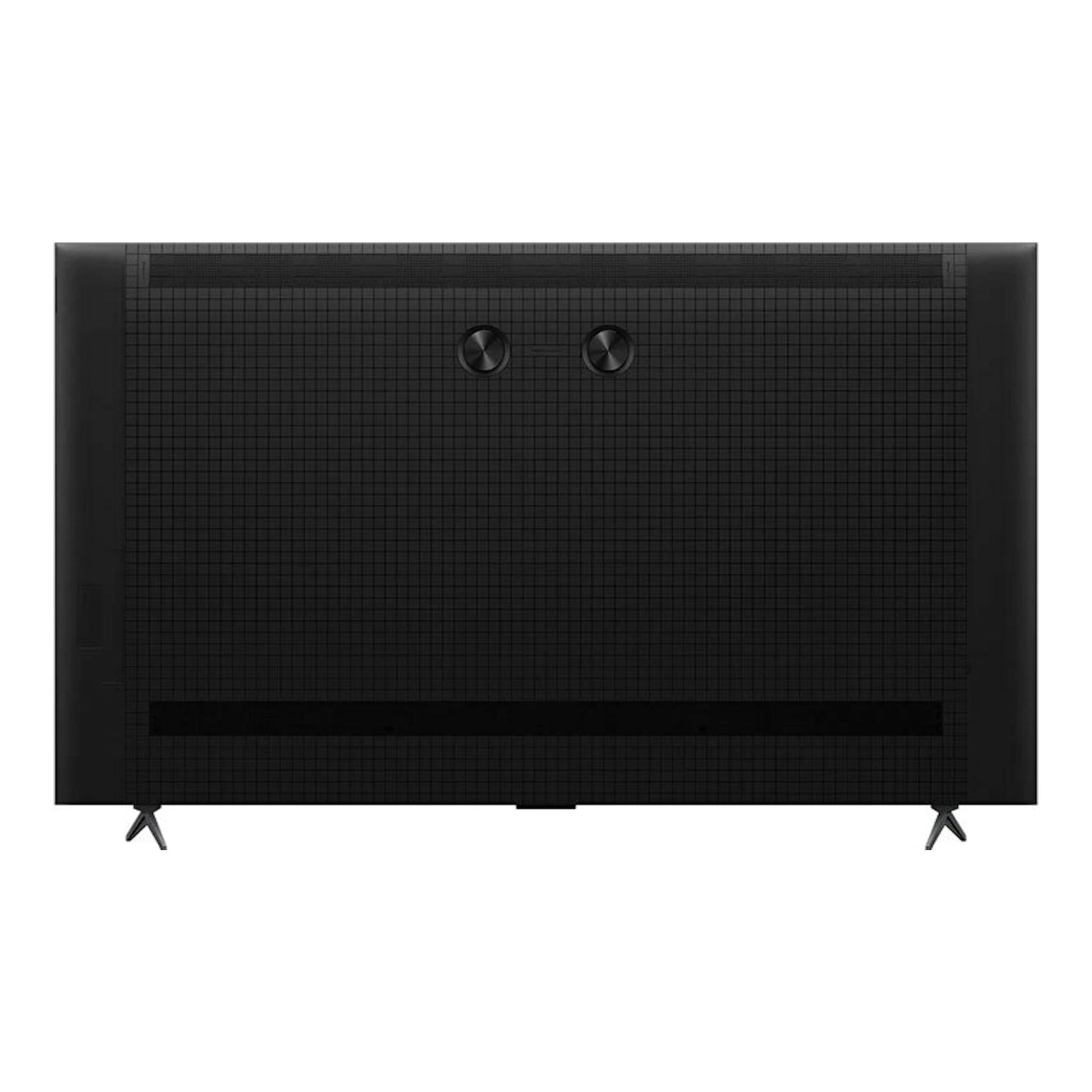 TV TCL 98C6K MiniLED 4K de 98 pulgadas, vista trasera en negro con dos patas y panel posterior texturizado.