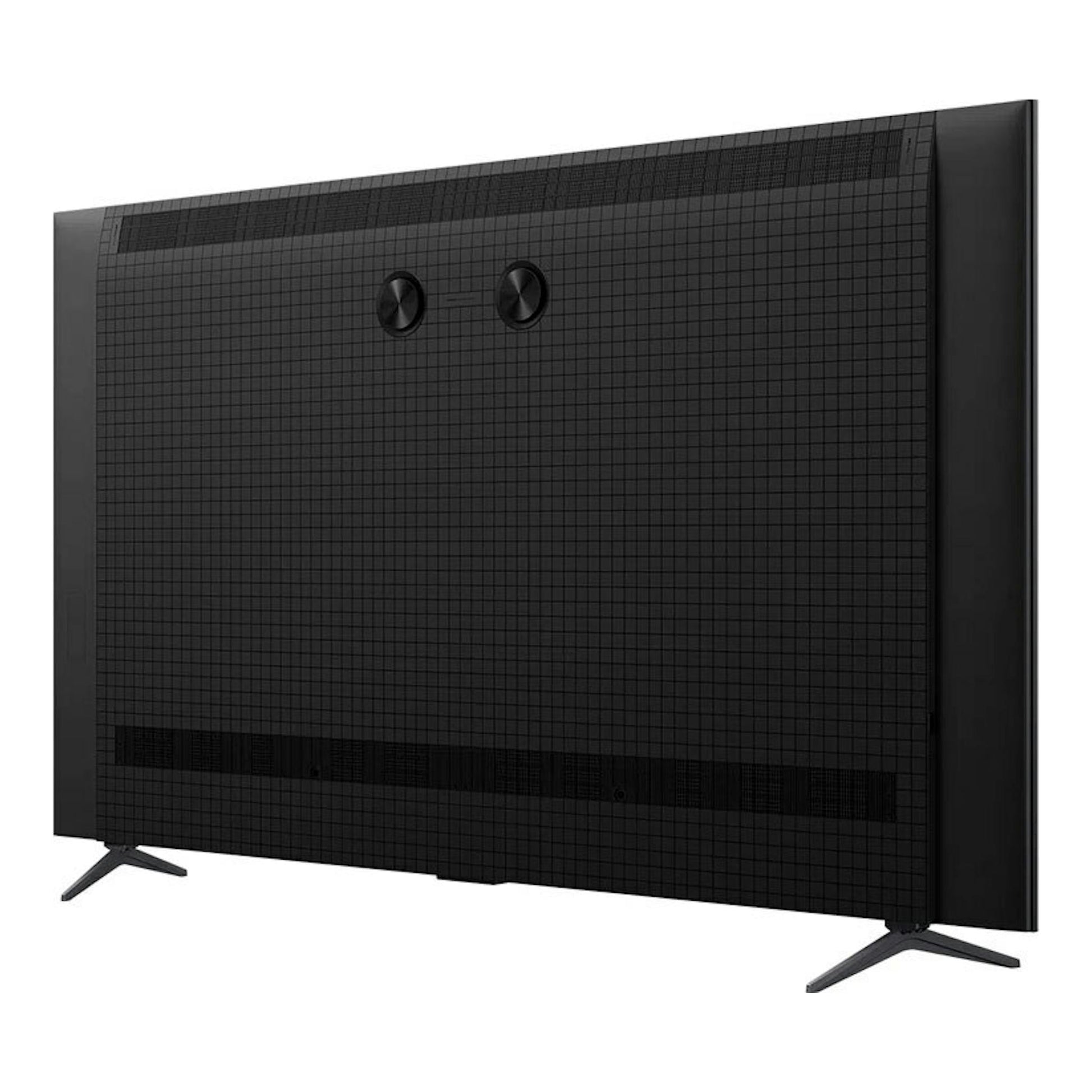 Televisor TCL 98C6K MiniLED 4K de 98”, vista trasera, negro, con dos patas laterales.