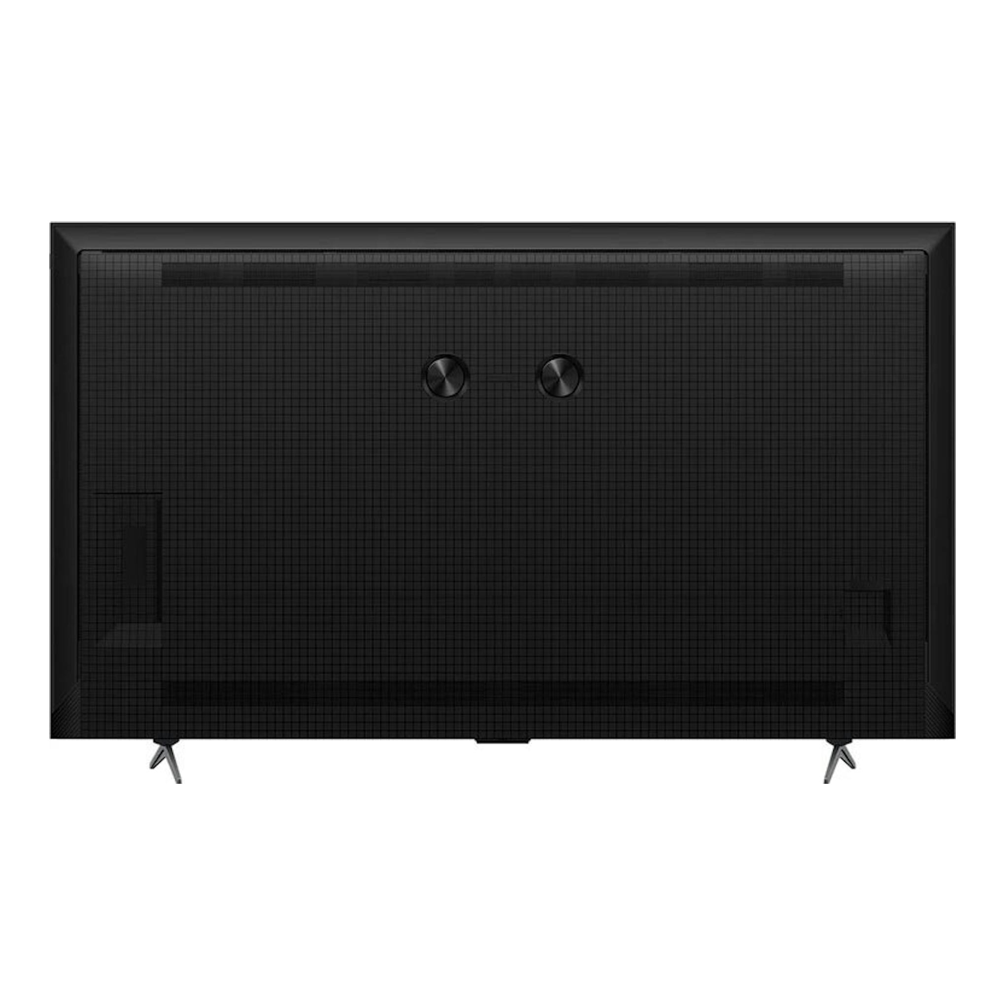 TV TCL 98P8K negra, vista trasera, con dos soportes y panel posterior texturizado.