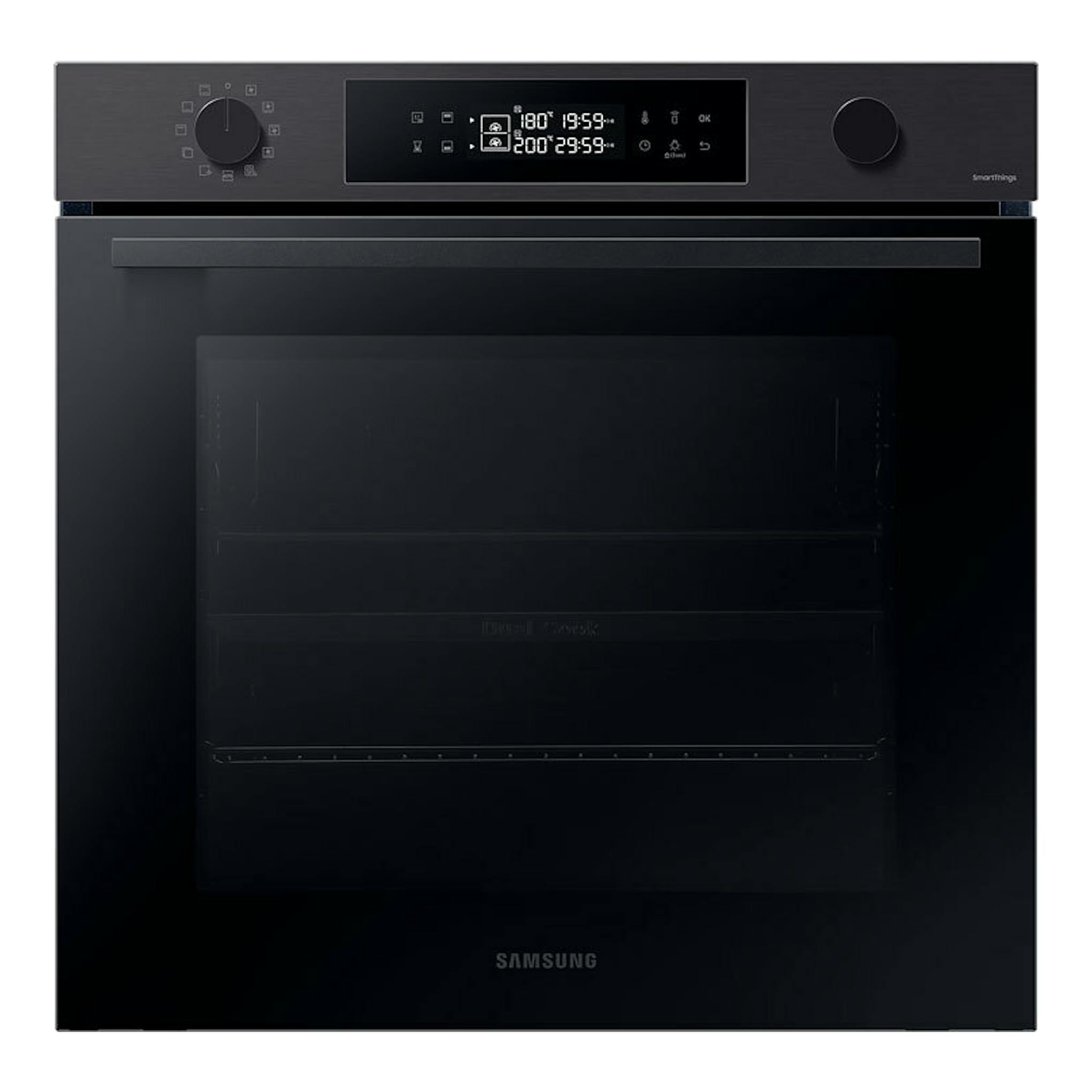 Horno Samsung NV7B4430ZAB/U1 negro, vista frontal, con panel digital y dos mandos.