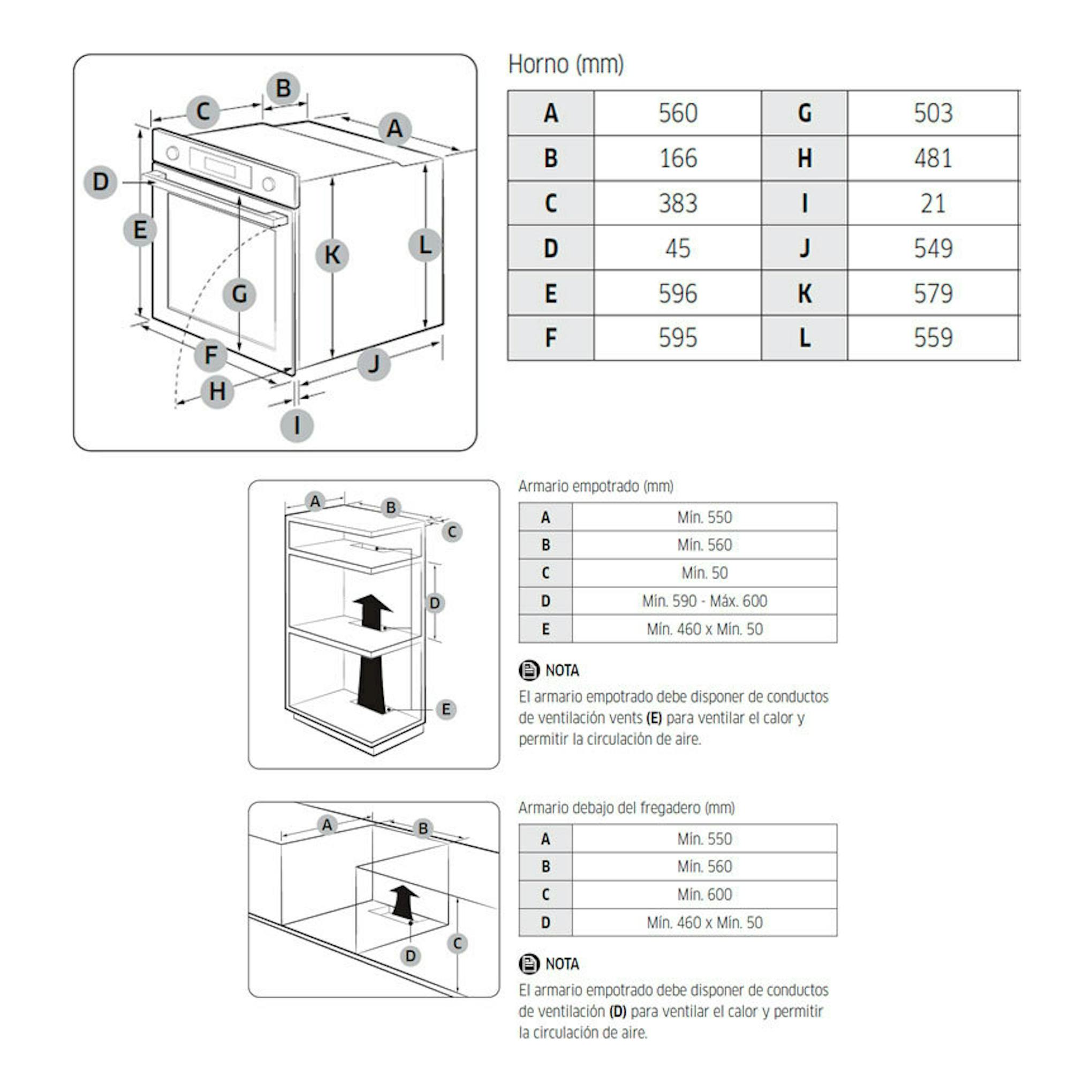 Samsung NV7B4430ZAB/U1: diagrama técnico del horno negro con vistas y medidas de instalación.