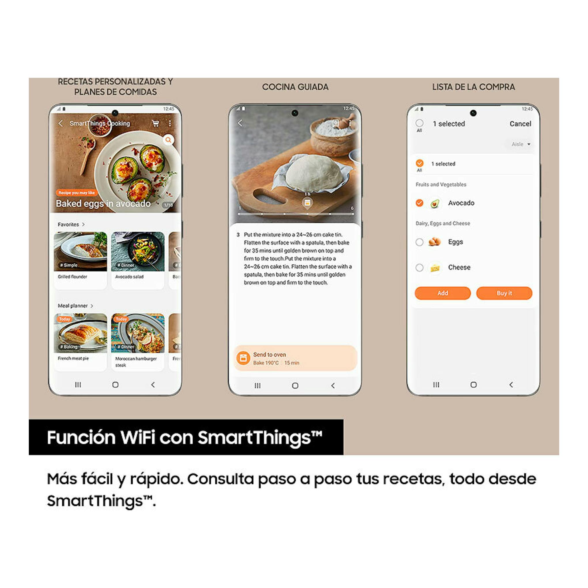 Anuncio del horno Samsung NV7B4430ZAB/U1 con tres móviles mostrando SmartThings Cooking y lista de compra.