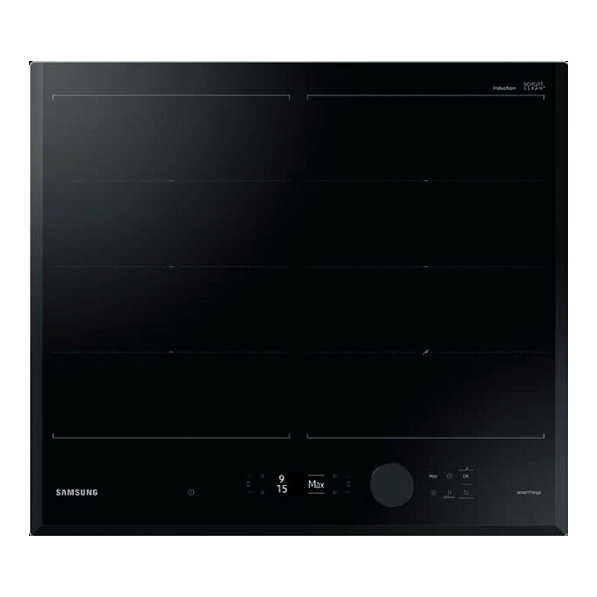 Placa de inducción Samsung NZ64B7799KK/U1 negra, vista frontal superior con controles táctiles.
