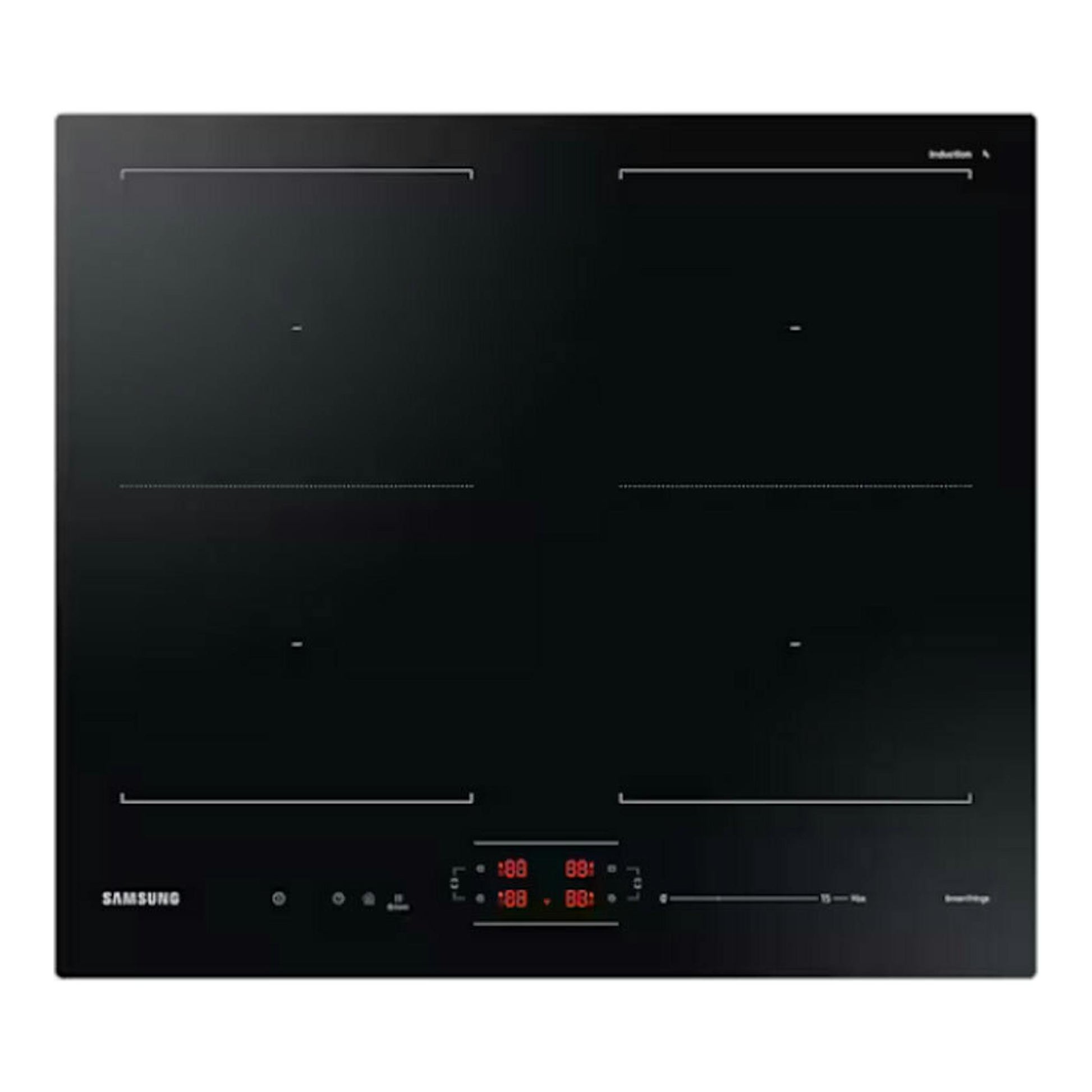 Placa de inducción Samsung NZ64B5066FK/U1 negra, vista superior, con cuatro zonas y panel táctil.