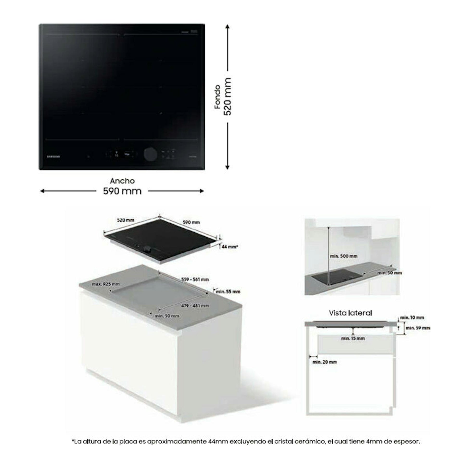 Placa de inducción Samsung NZ64B7799KK/U1 negra, vista frontal y esquemas de medidas de 590 x 520 mm.