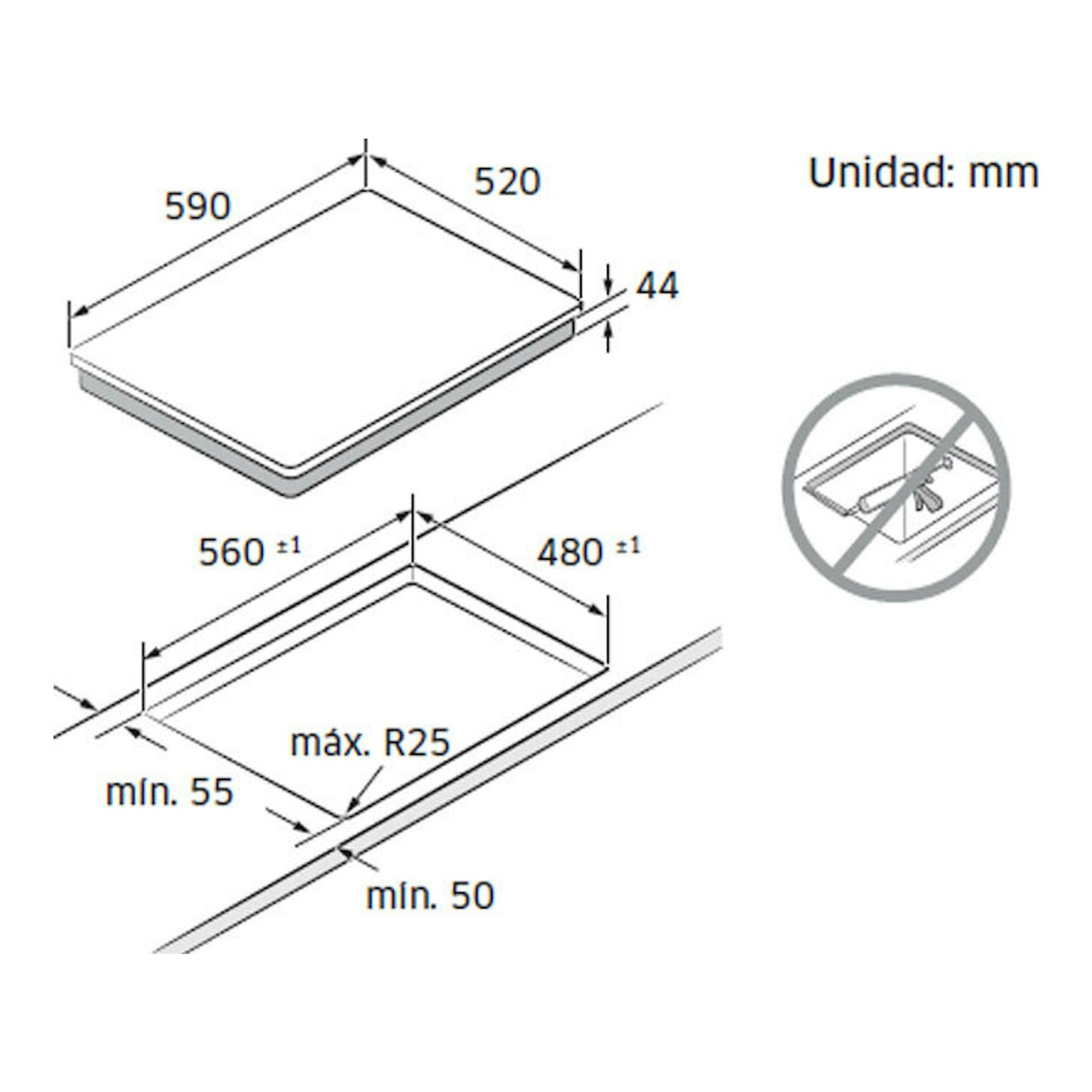 Samsung NZ64B5066FK/U1: esquema técnico de placa de inducción negra con medidas 590x520 mm y hueco 560x480 mm.