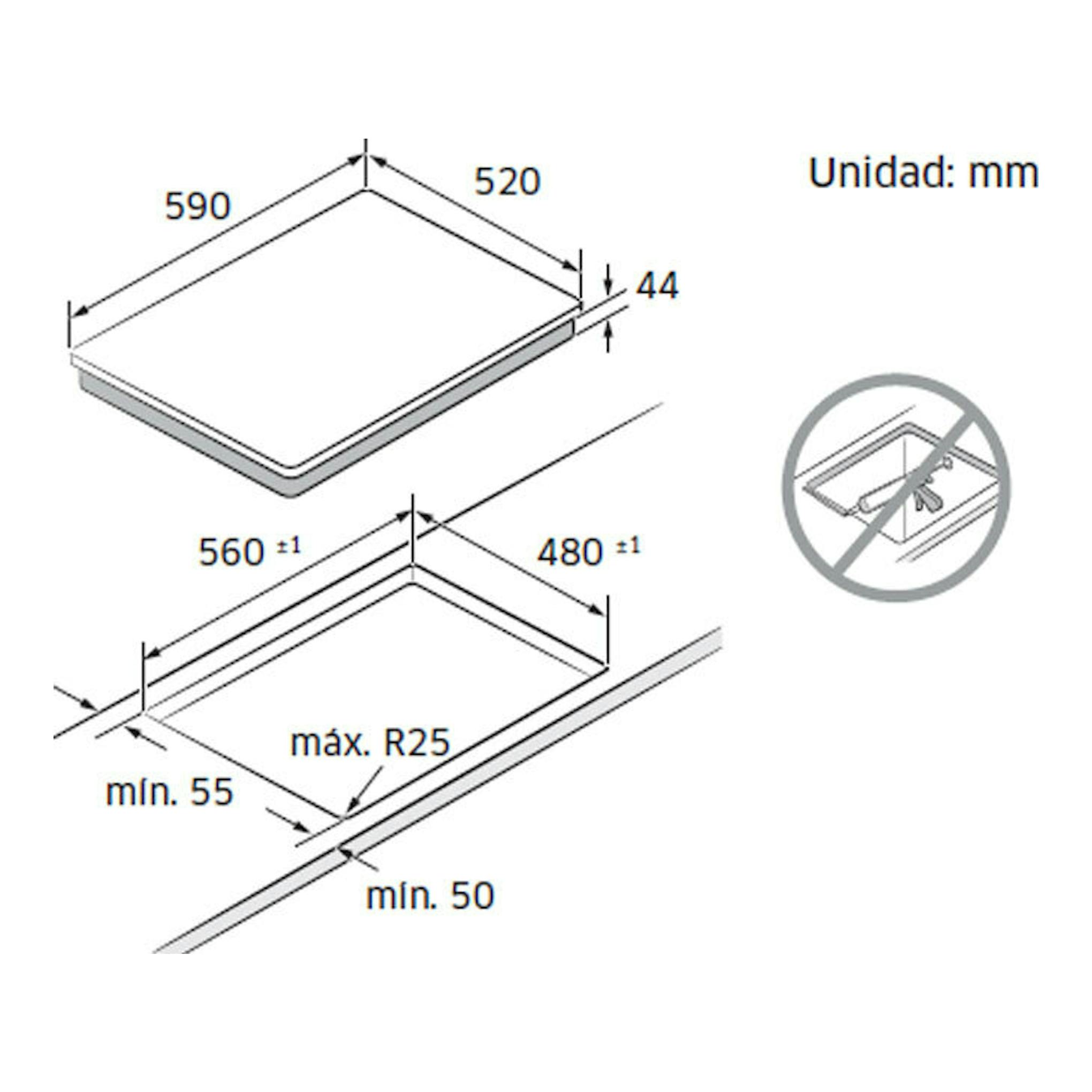 Samsung NZ64B5066FK/U1: esquema técnico de placa de inducción negra con medidas 590x520 mm y hueco 560x480 mm.