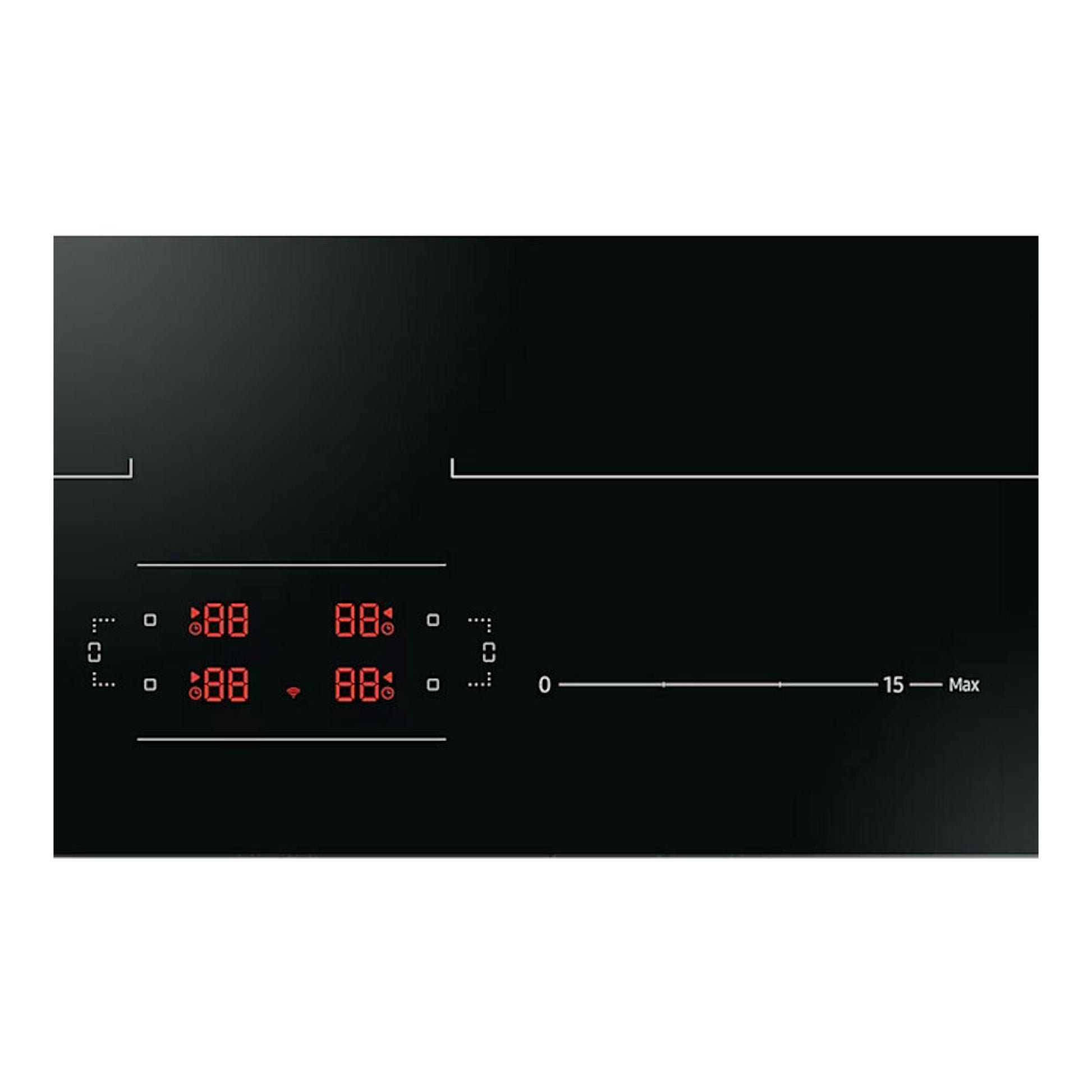 Placa de inducción Samsung NZ64B5066FK/U1 negra, vista superior, con controles táctiles y display rojo.