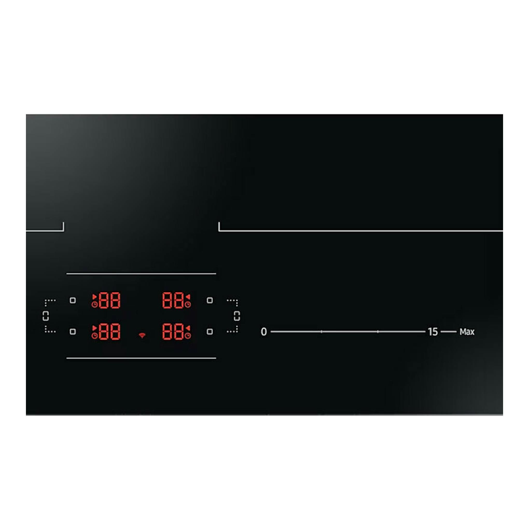 Placa de inducción Samsung NZ64B5066FK/U1 negra, vista superior, con controles táctiles y display rojo.