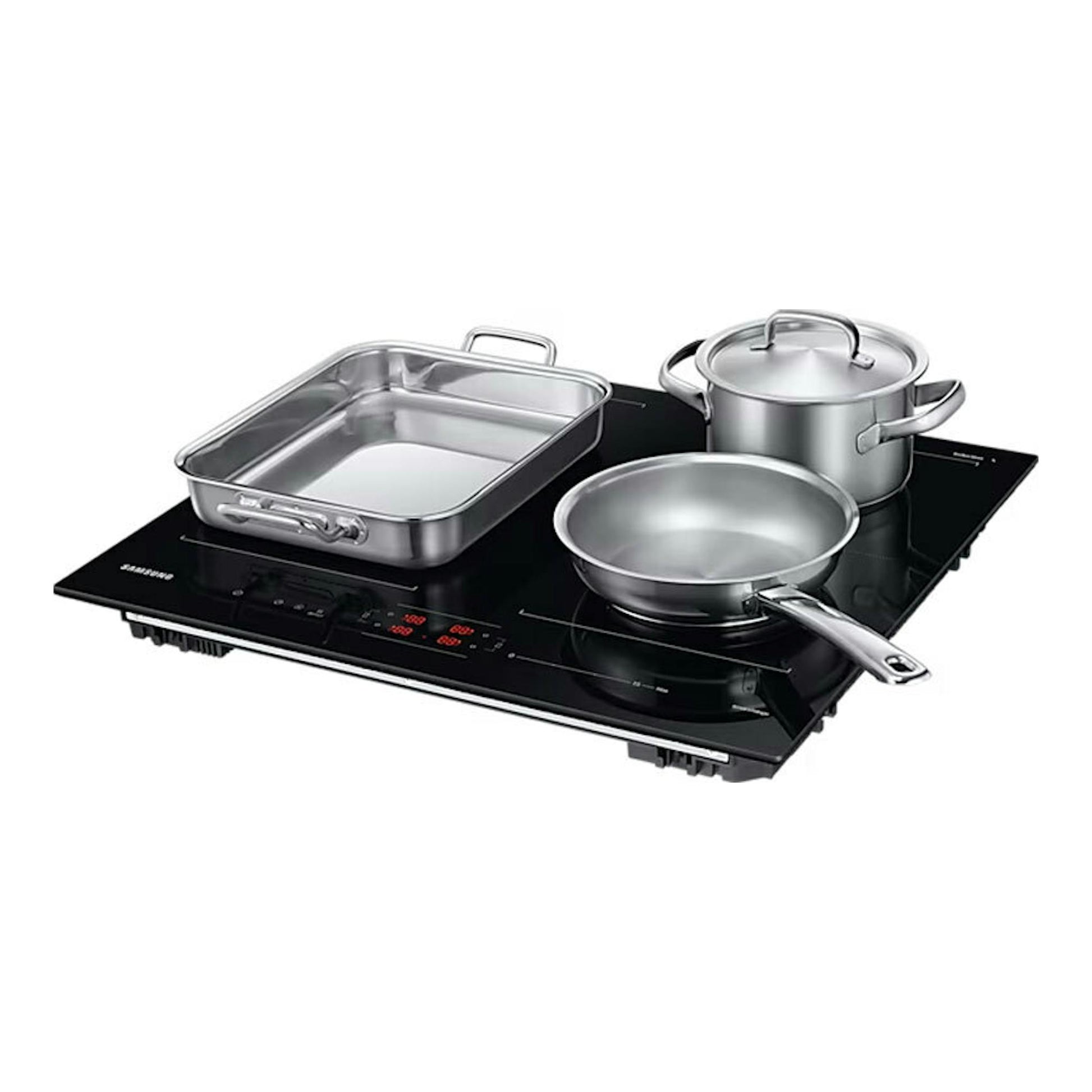 Placa de inducción Samsung NZ64B5066FK/U1 negra, vista en ángulo, con tres recipientes de cocina.