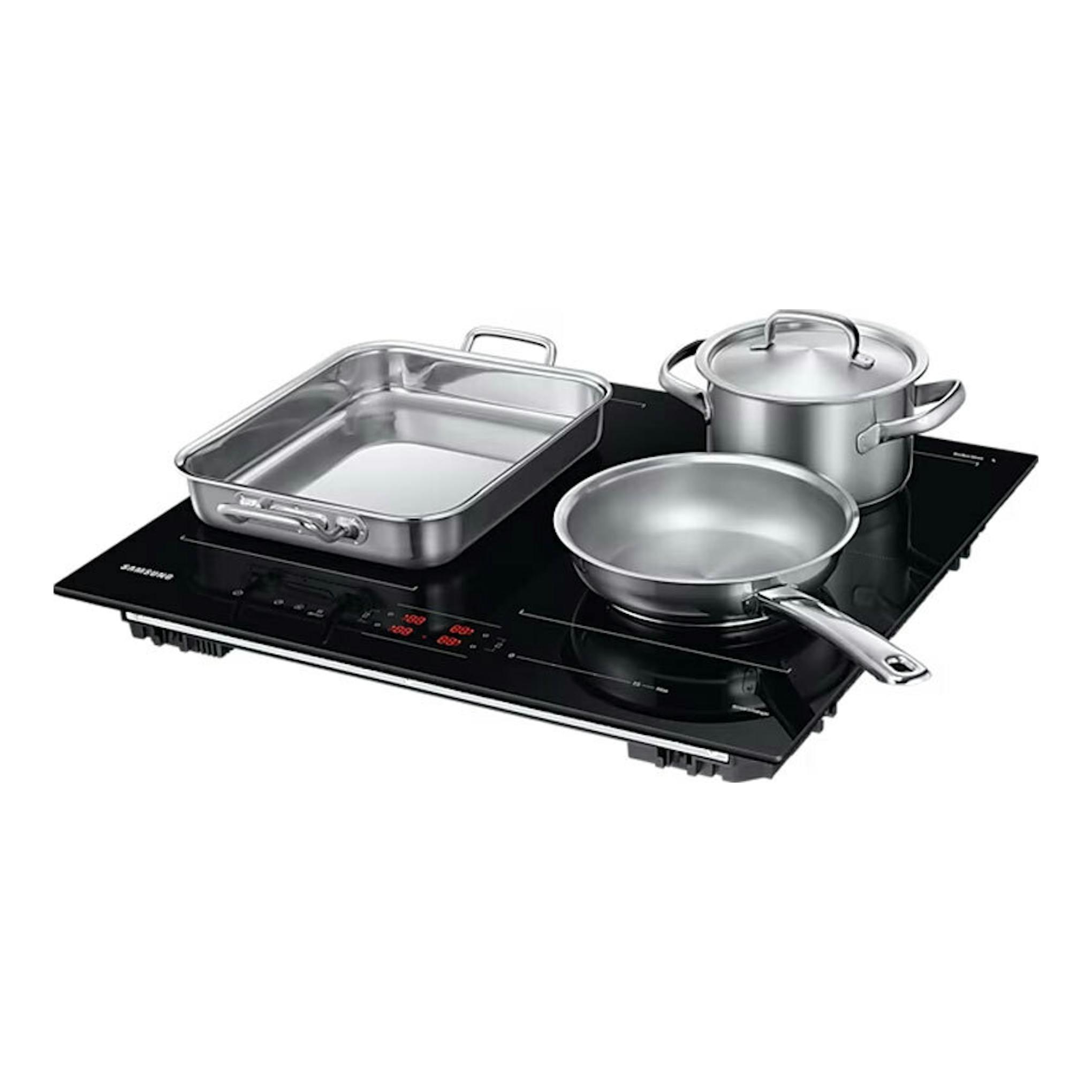Placa de inducción Samsung NZ64B5066FK/U1 negra, vista en ángulo, con tres recipientes de cocina.