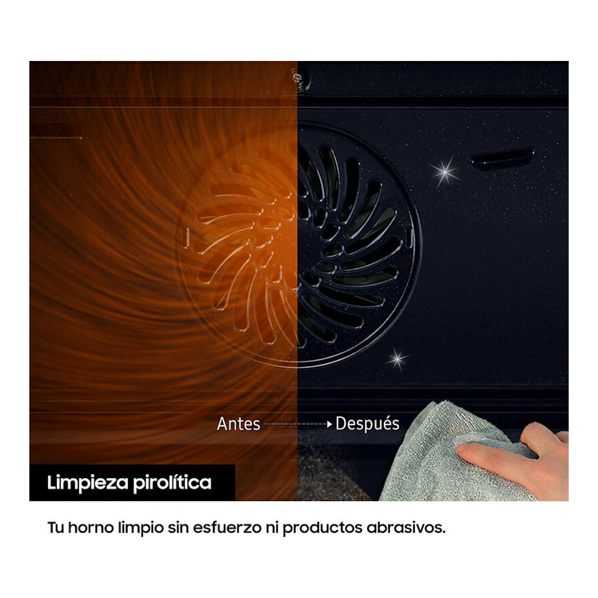 Horno Samsung NV7B4430ZAB/U1, vista frontal del interior negro, comparativa antes y después de limpieza pirolítica.