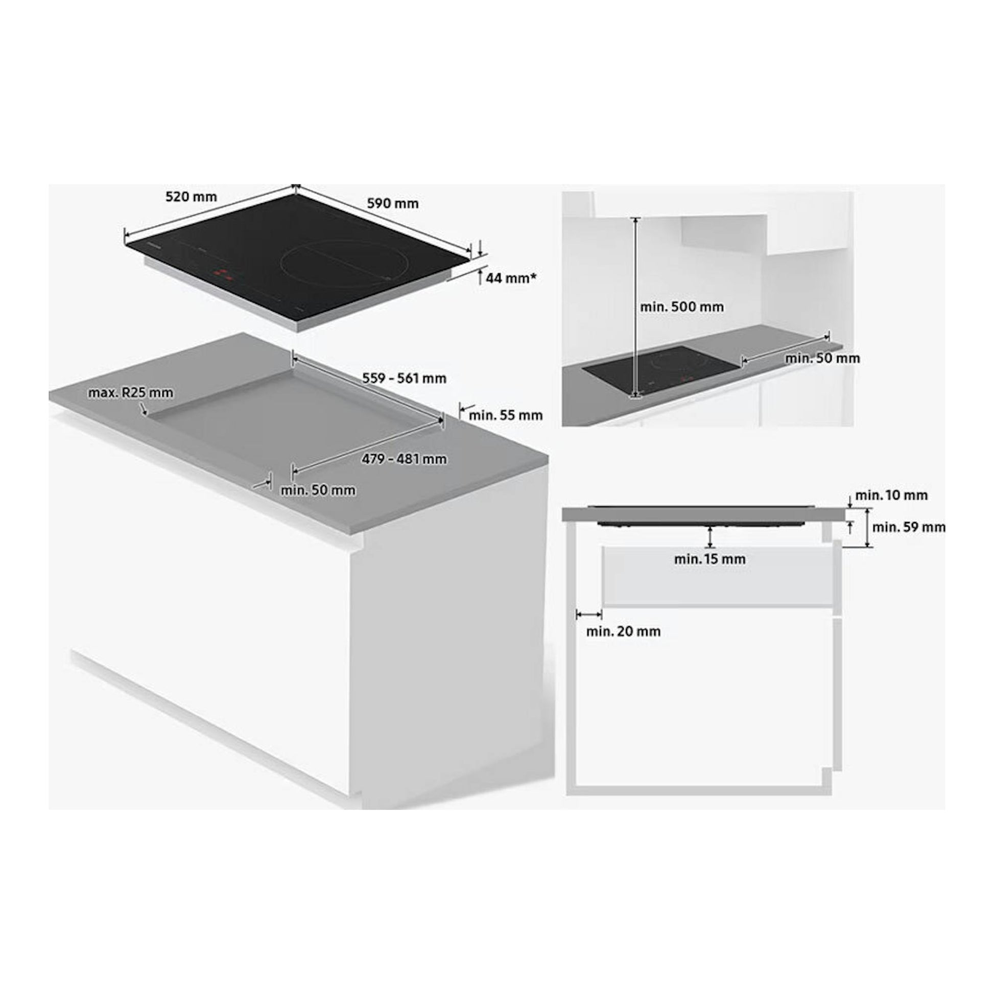 Samsung NZ63B5046GK/U1: diagrama de instalación de placa de inducción negra de 60 cm con medidas y hueco.
