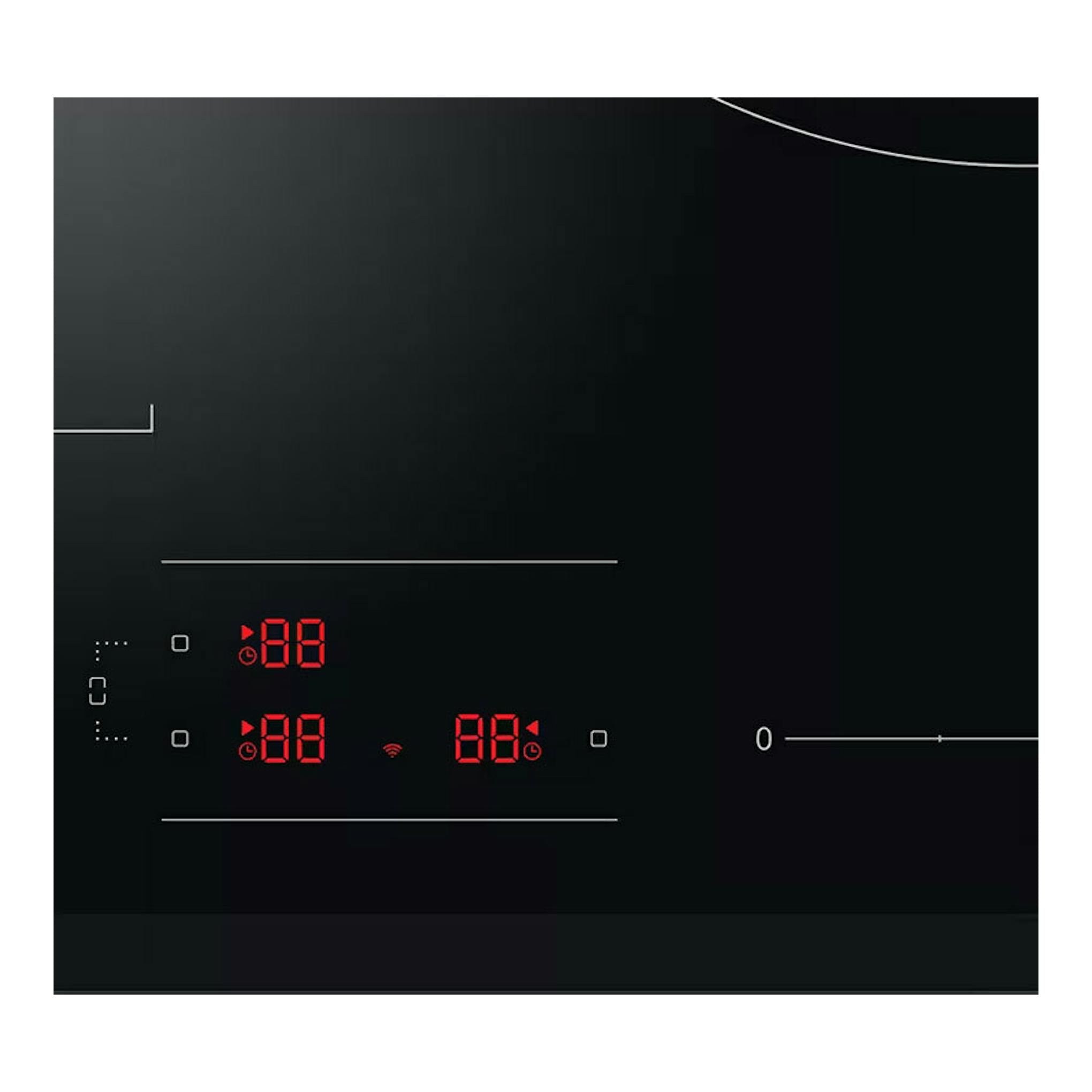 Placa de inducción Samsung NZ63B5046GK/U1 negra, vista superior con mandos táctiles y displays rojos.